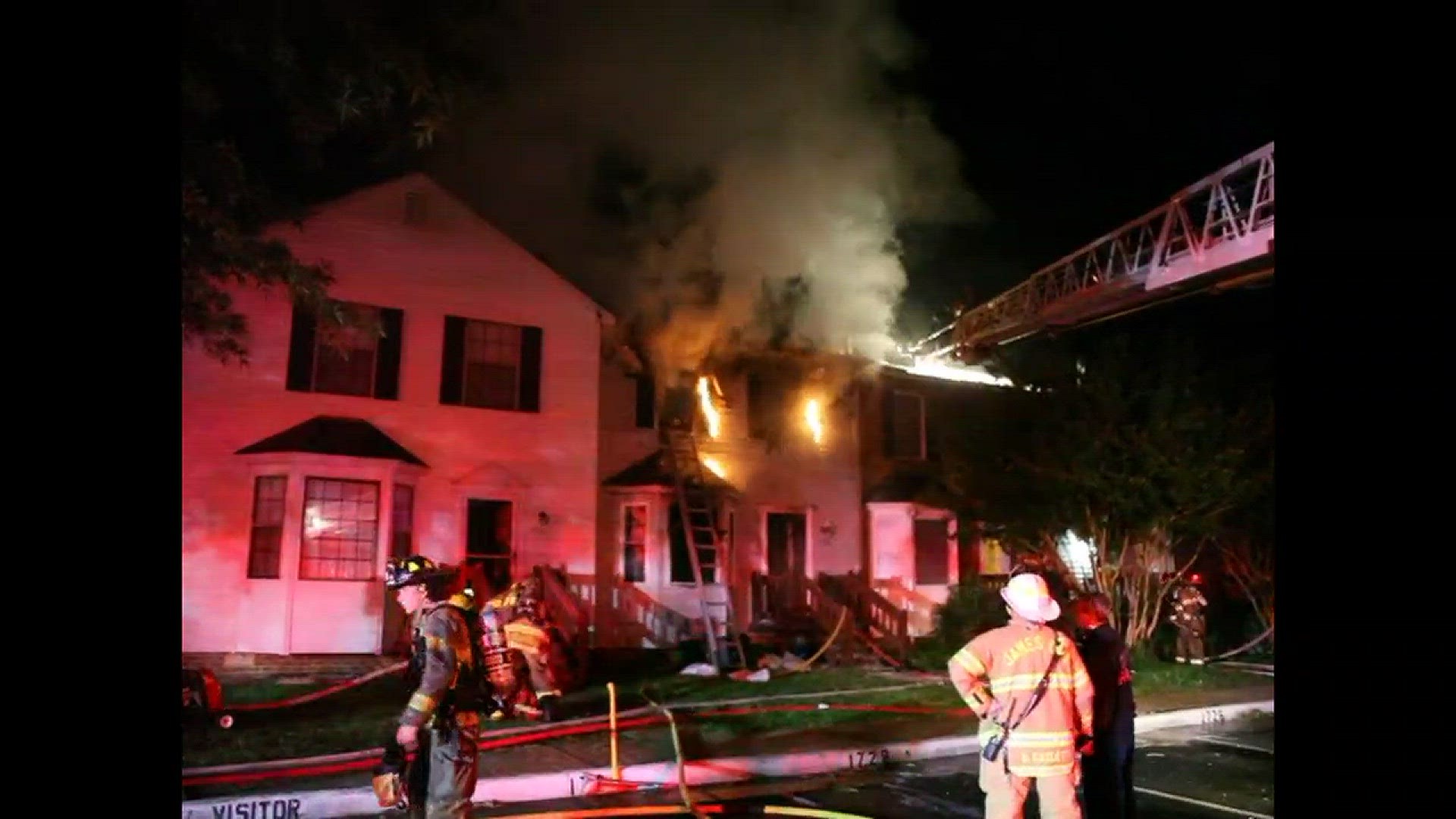 A townhouse fire in Williamsburg displaces 10 people. Video courtesy Alton Catlett, James City Count FD