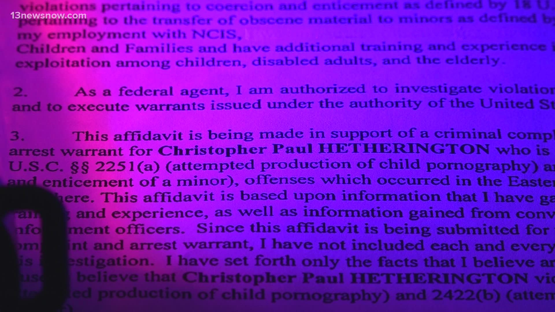 Detectives say 33-year-old Christopher Hetherington was chatting online with someone he thought was a 14-year-old girl, but it was an undercover special agent.