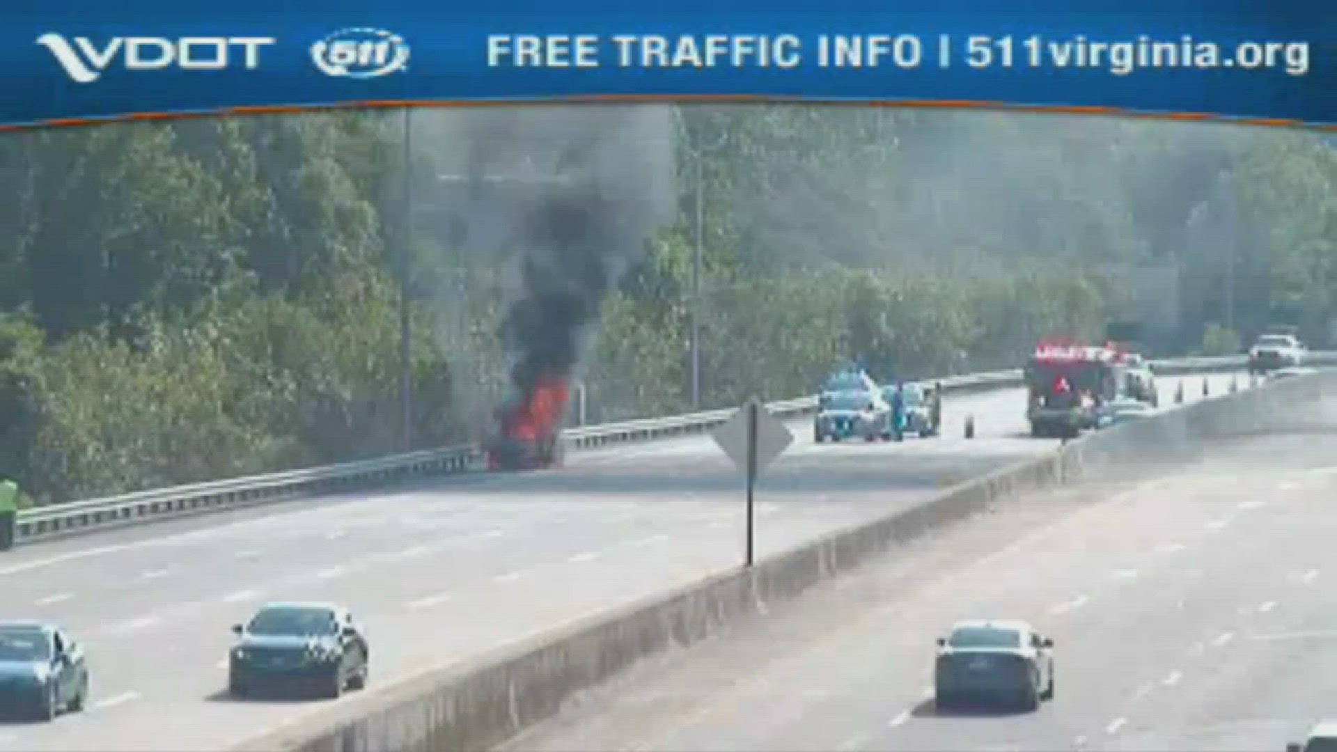 5/27/17: A car was engulfed in flames on I-264 East in Virginia Beach on Saturday afternoon. Video courtesy the Virginia Dept. of Transportation.
