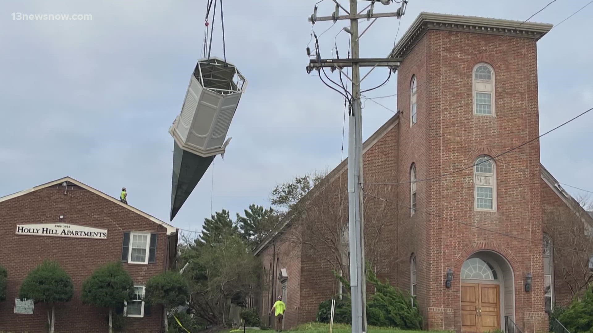 The steeple ripped from the Galilee Church roof in Virginia Beach has a new temporary resting place.