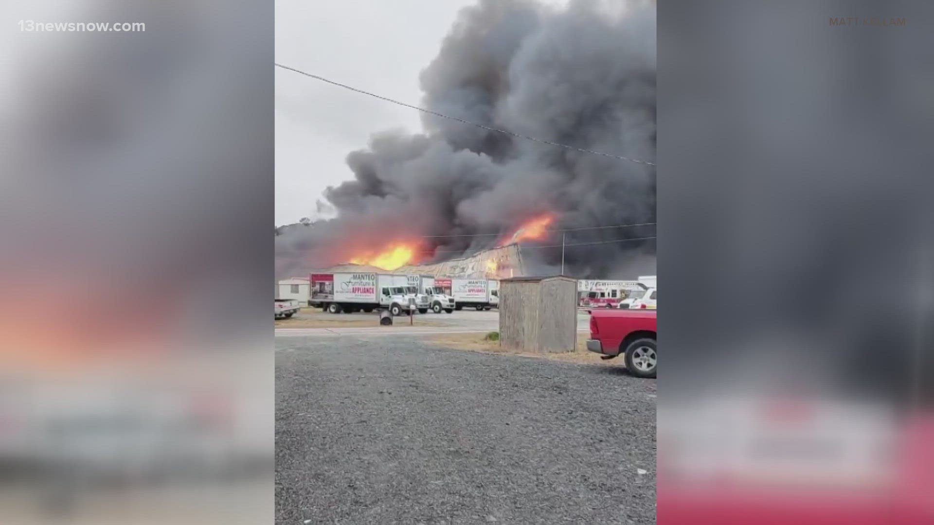 . Fire officials say the Manteo Furniture and Appliance Warehouse in Manns Harbor caught fire around 3:30 this afternoon.