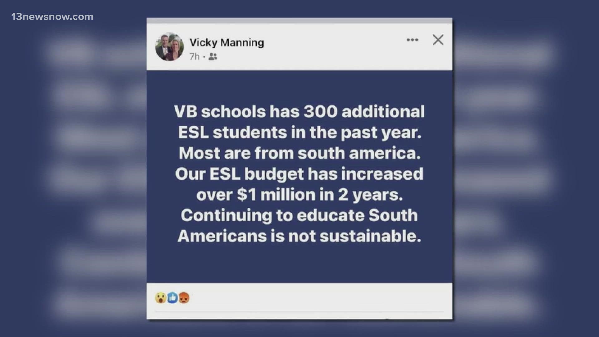 On Facebook, Victoria Manning explained that the ESL student population is growing and said, in part, educating them is “not sustainable."