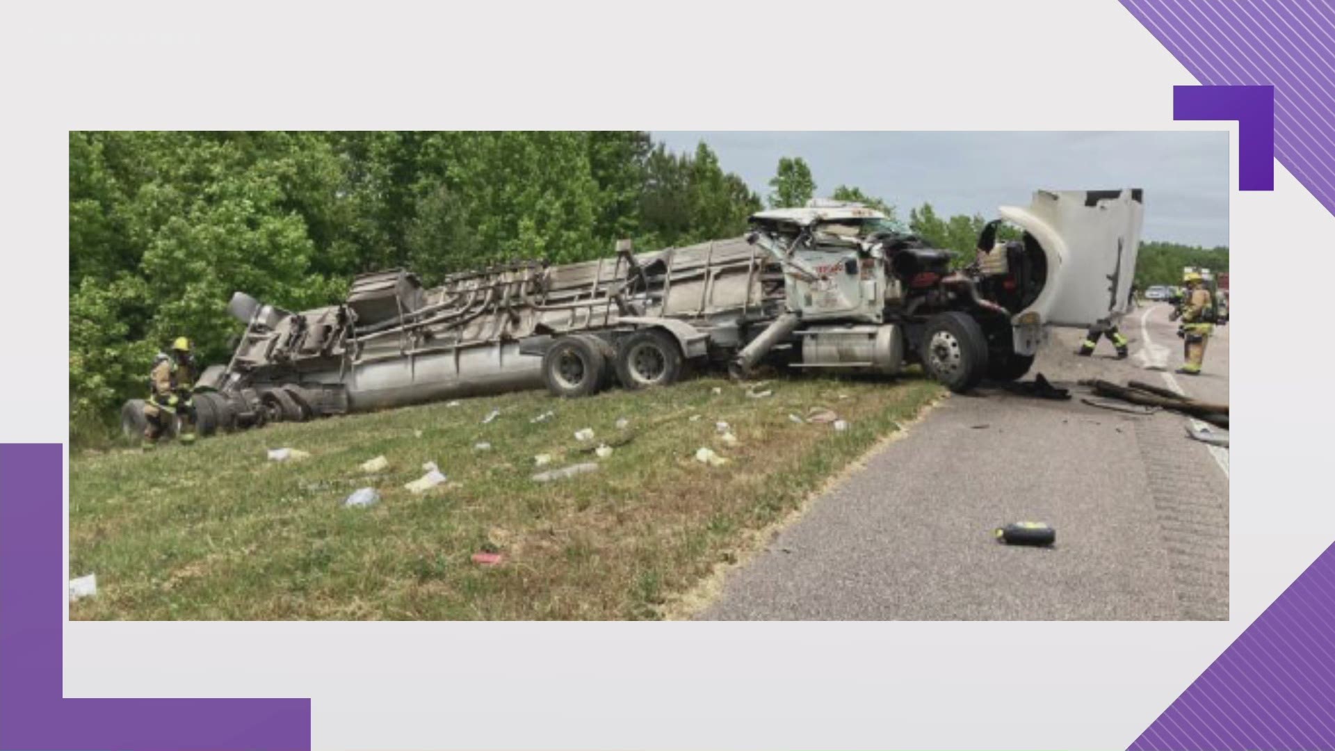 A Crossroads Fuel Services truck driver was hurt after his tractor-trailer carrying gas overturned in Chesapeake on Monday afternoon, leaking fuel on the road.