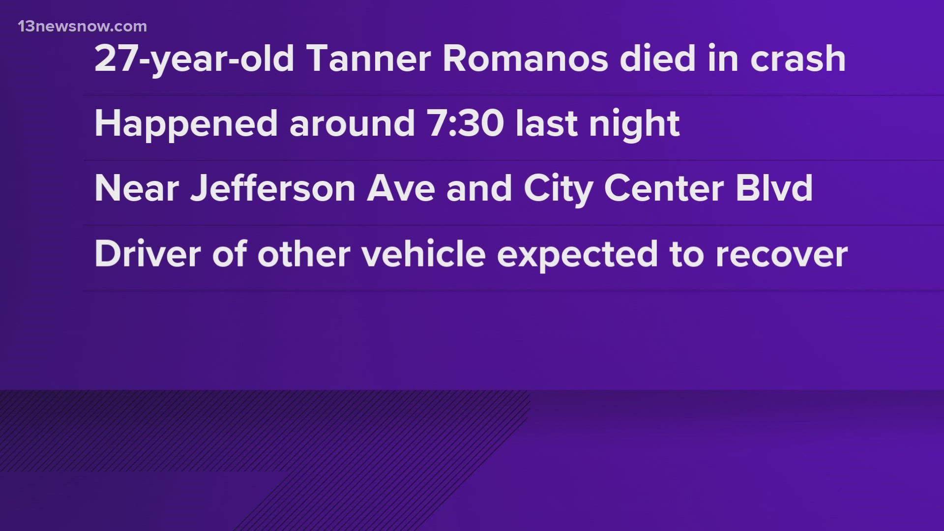 The crash happened near the intersection of Jefferson Avenue and City Center Boulevard. A second driver who was involved is expected to be okay.