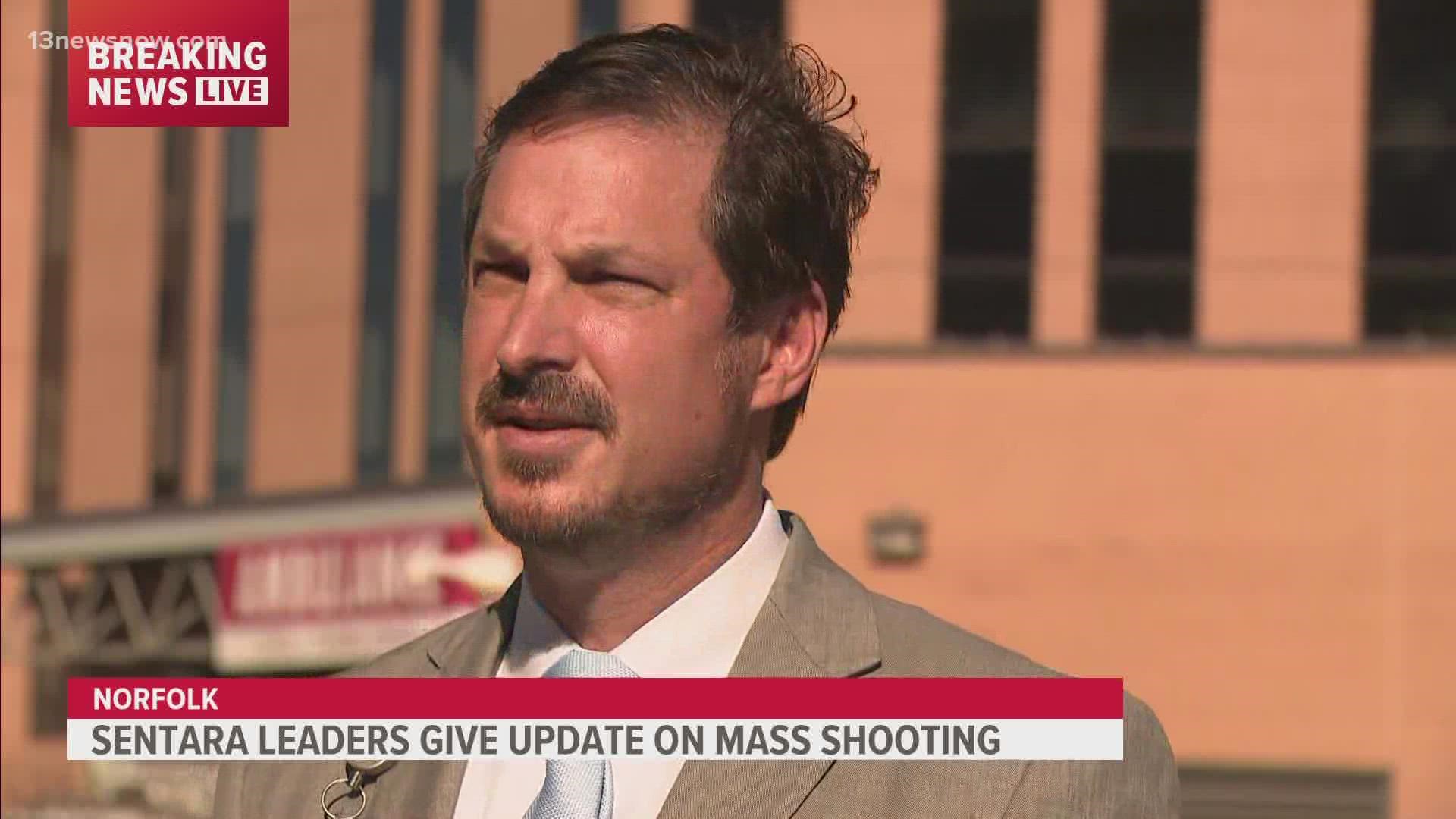Sentara Norfolk General Hospital's Chief Medical Officer Dr. Michael Hooper and others talk about the response to the Walmart mass shooting in Chesapeake.