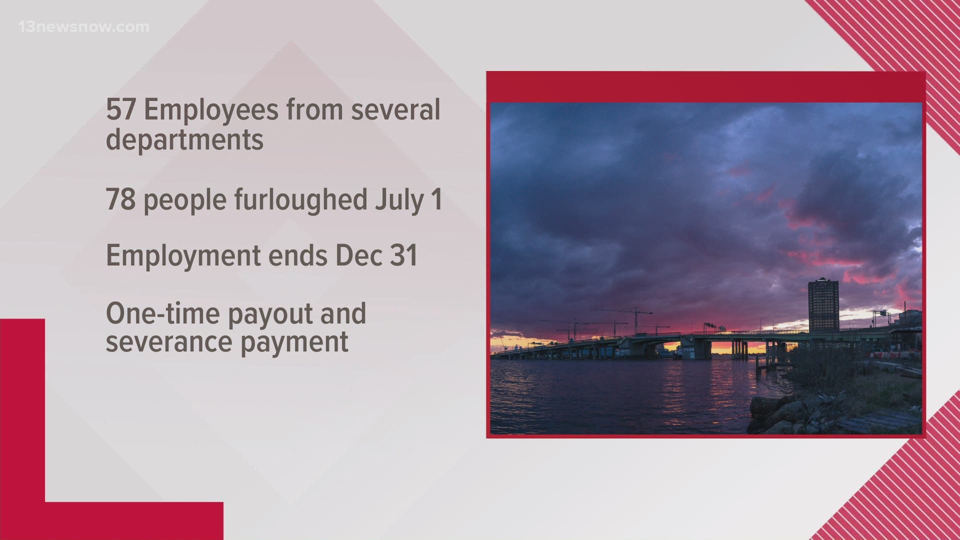 The employees are expected to get a one-time payout of unused leave time, and a severance payment, as they are laid off in December.