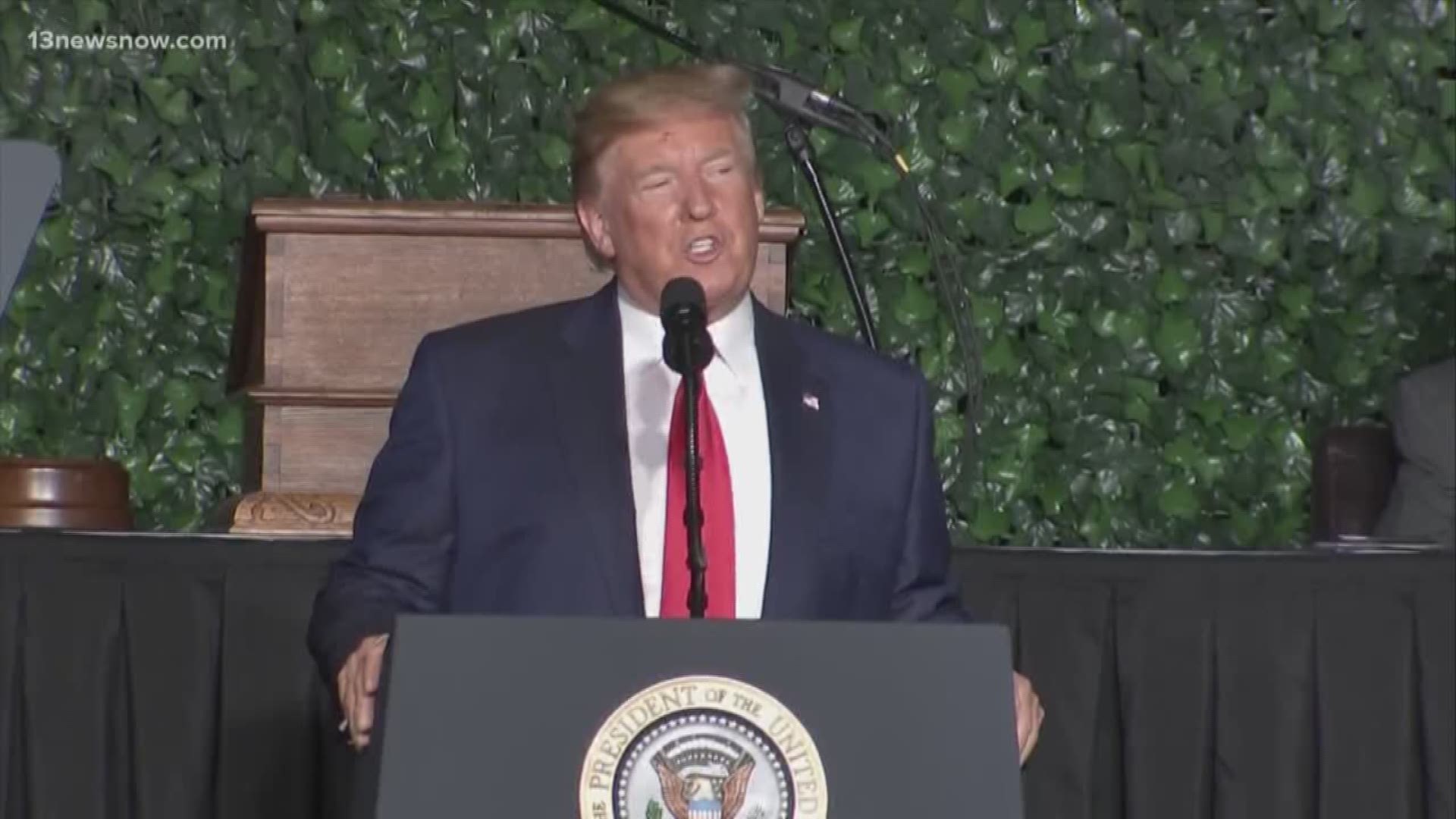 President Donald Trump was among the people who gathered at Jamestown Settlement to mark the 400th anniversary of the first meeting of the Virginia General Assembly.