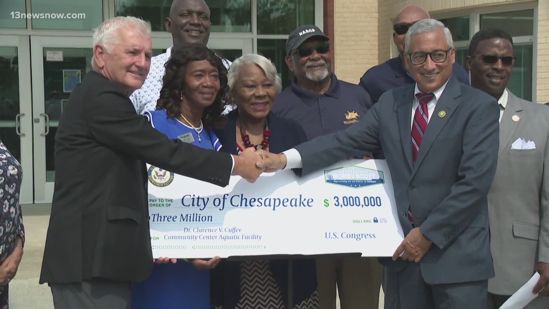 Congressman Bobby Scott presented city leaders with federal funds to help build an aquatic facility at the Dr. Clarence V. Cuffee Community Center.