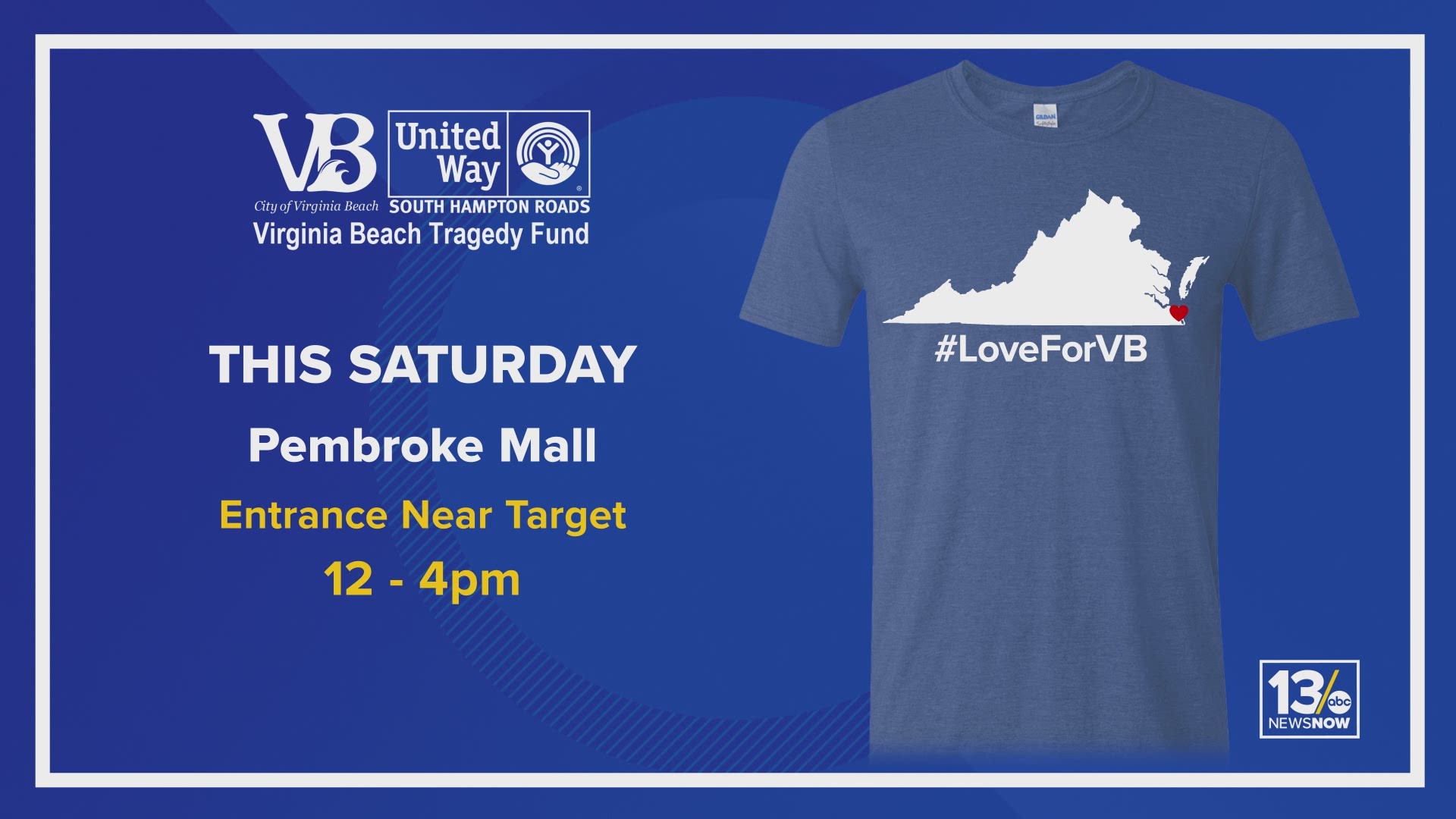 For a minimum $15 donation to the Virginia Beach Tragedy Fund, people can receive a #LoveForVB T-shirt. ALL money supports the people affected by the Virginia Beach Municipal Center shooting. (The T-shirt quantity is limited.)