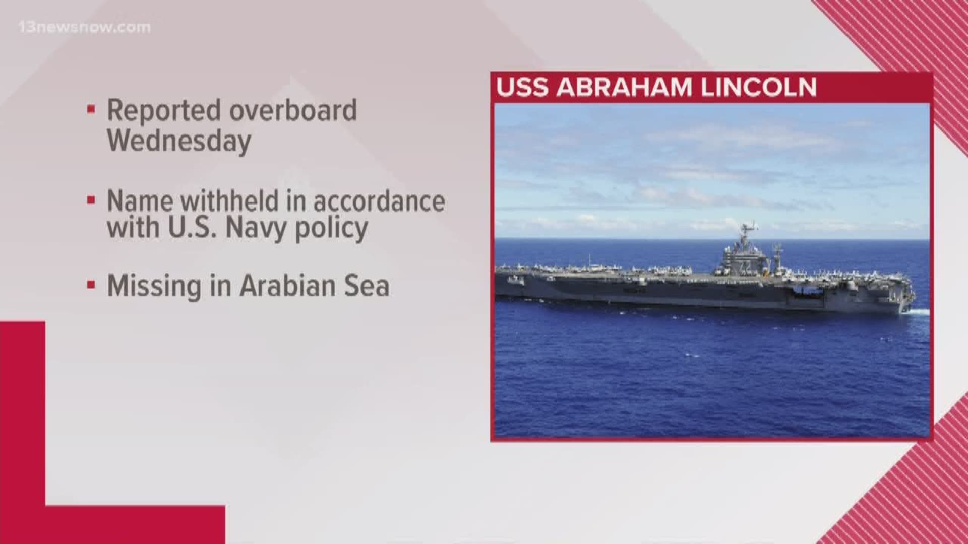 The U.S. Navy said a search-and-rescue mission is underway after a sailor went overboard the aircraft carrier USS Abraham Lincoln in the Arabian Sea.