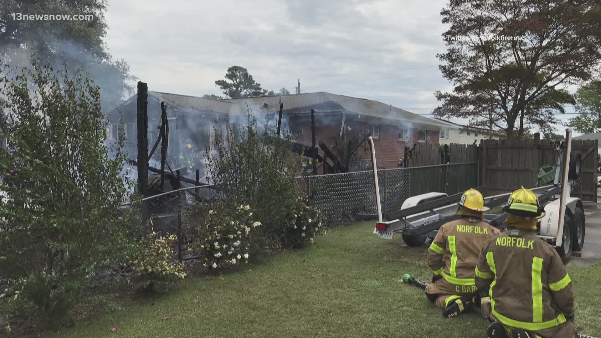 Chief Langley said Norfolk Fire-Rescue teams were working to put out a house fire in the Camellia Shores area of the city. One firefighter was taken to a hospital.