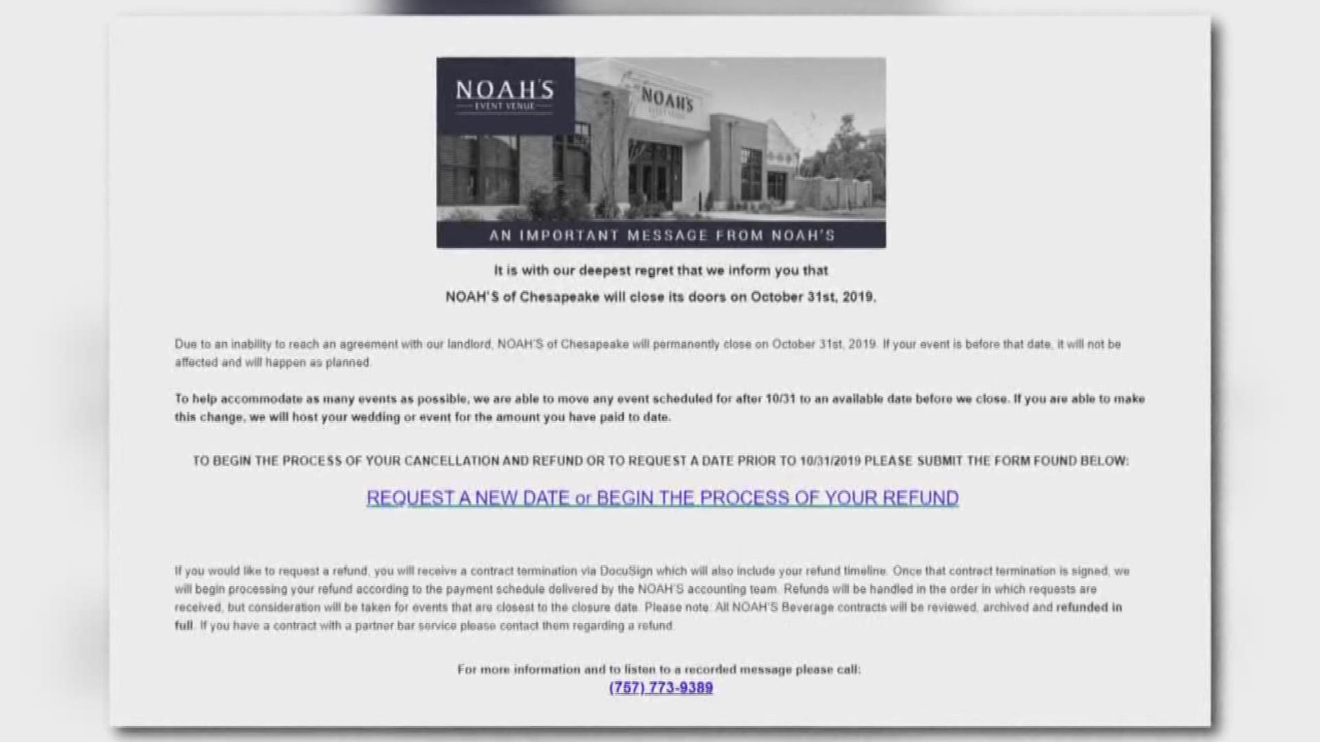 Noah's Event Venue in Chesapeake filed for bankruptcy. Anyone with an event scheduled for after October won't be able to host it at the venue leaving many local brides scrambling for a new spot for their weddings.
