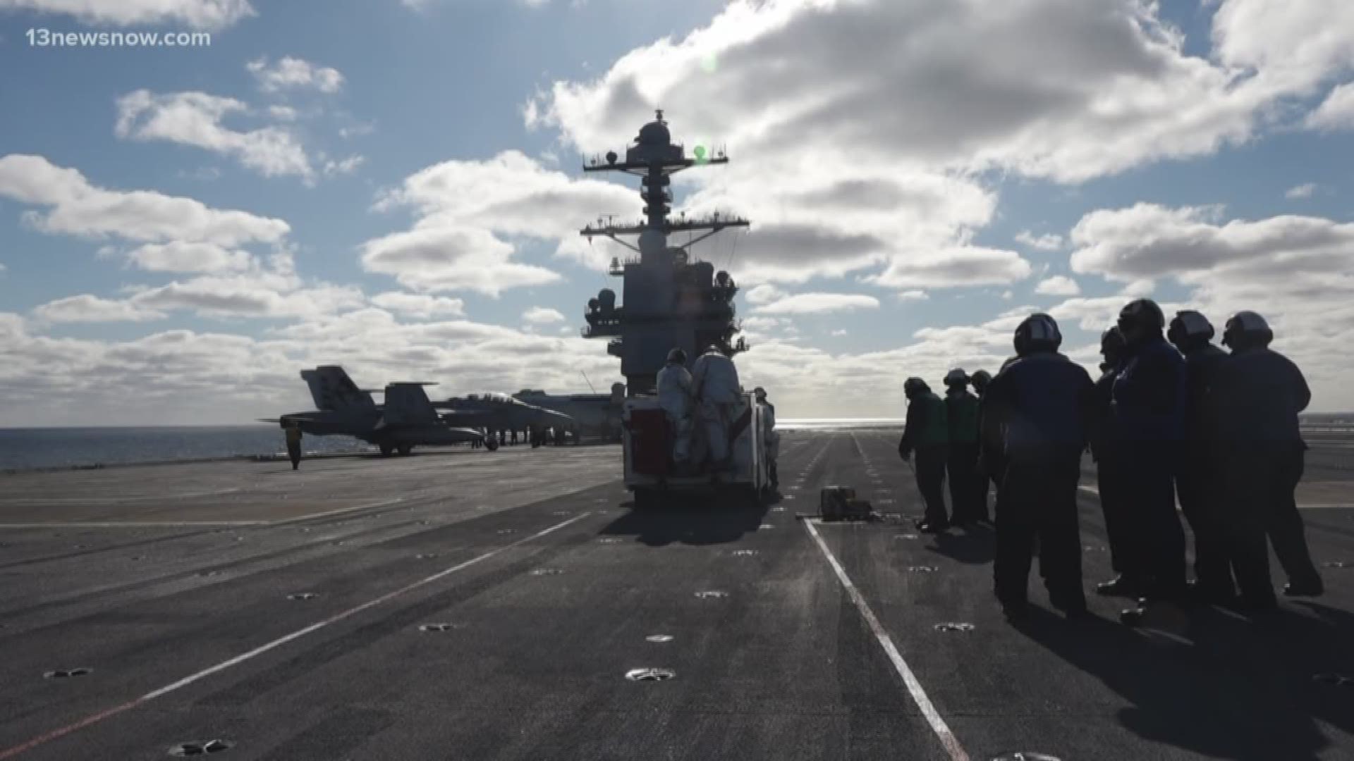 The USS Gerald R. Ford has remained at dock since its commissioning more than two years ago. Crews are still getting the ship ready for fleet operations.
