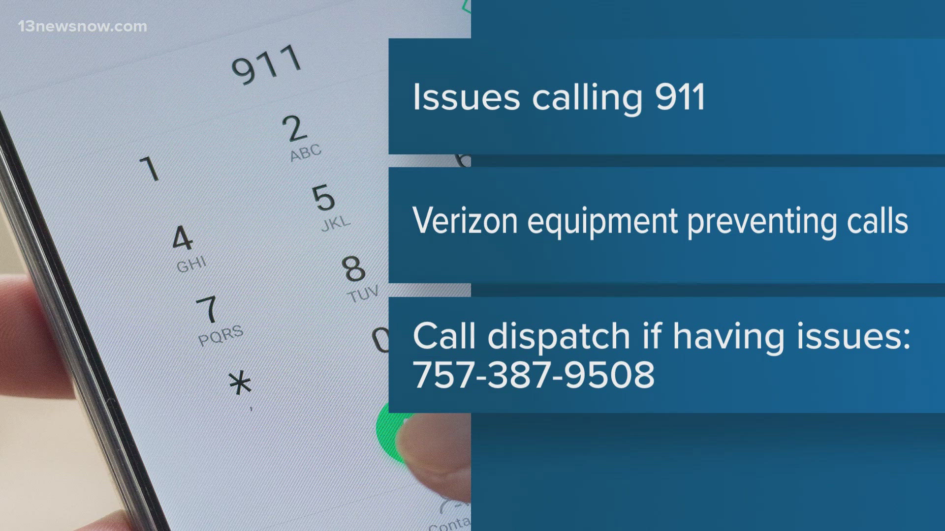 Officials say Verizon customers are having issues calling 911 because of intermittent issues with the company's network equipment.