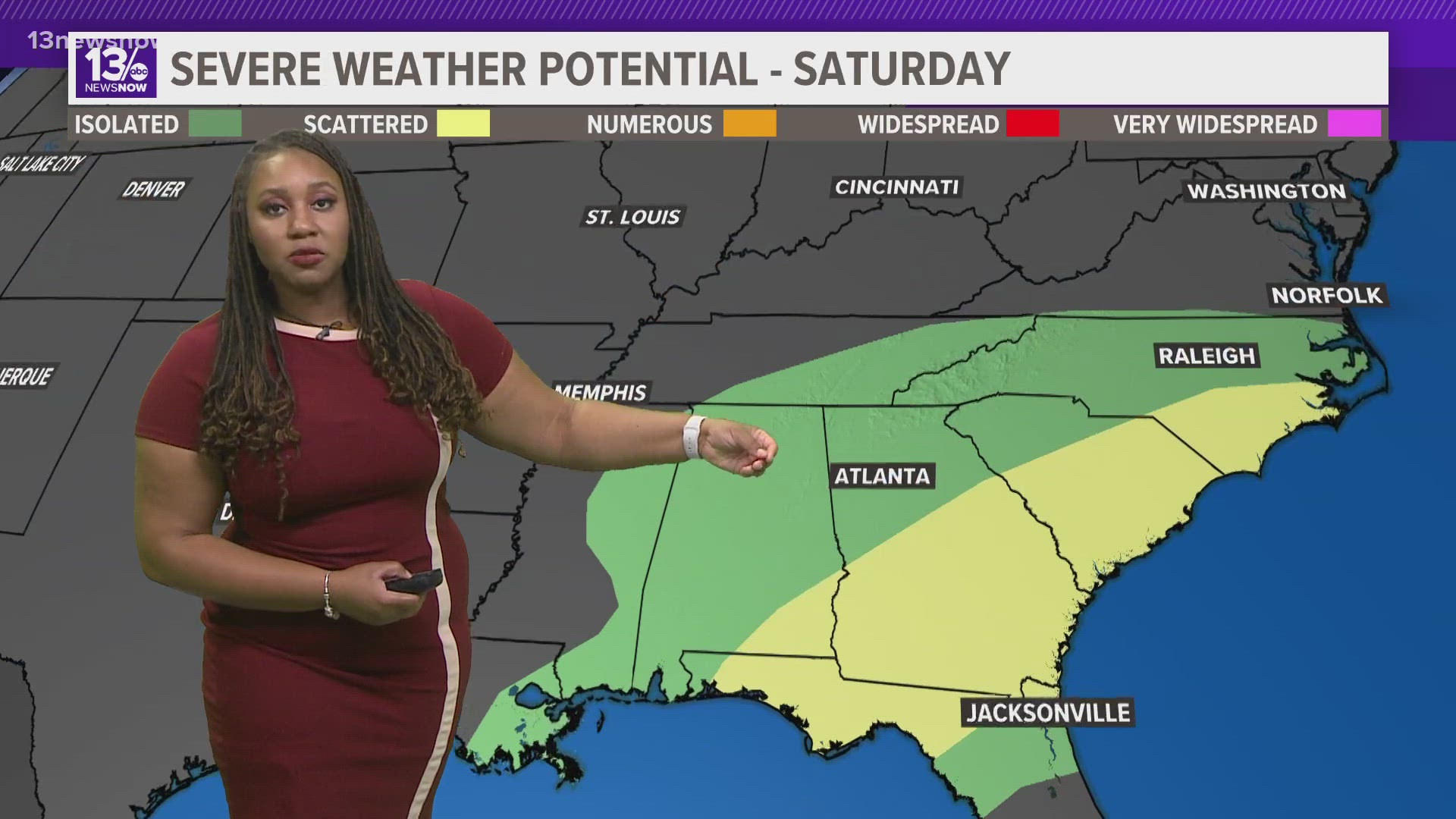 Much of eastern North Carolina is under level 1 (isolated) risk for severe thunderstorms.