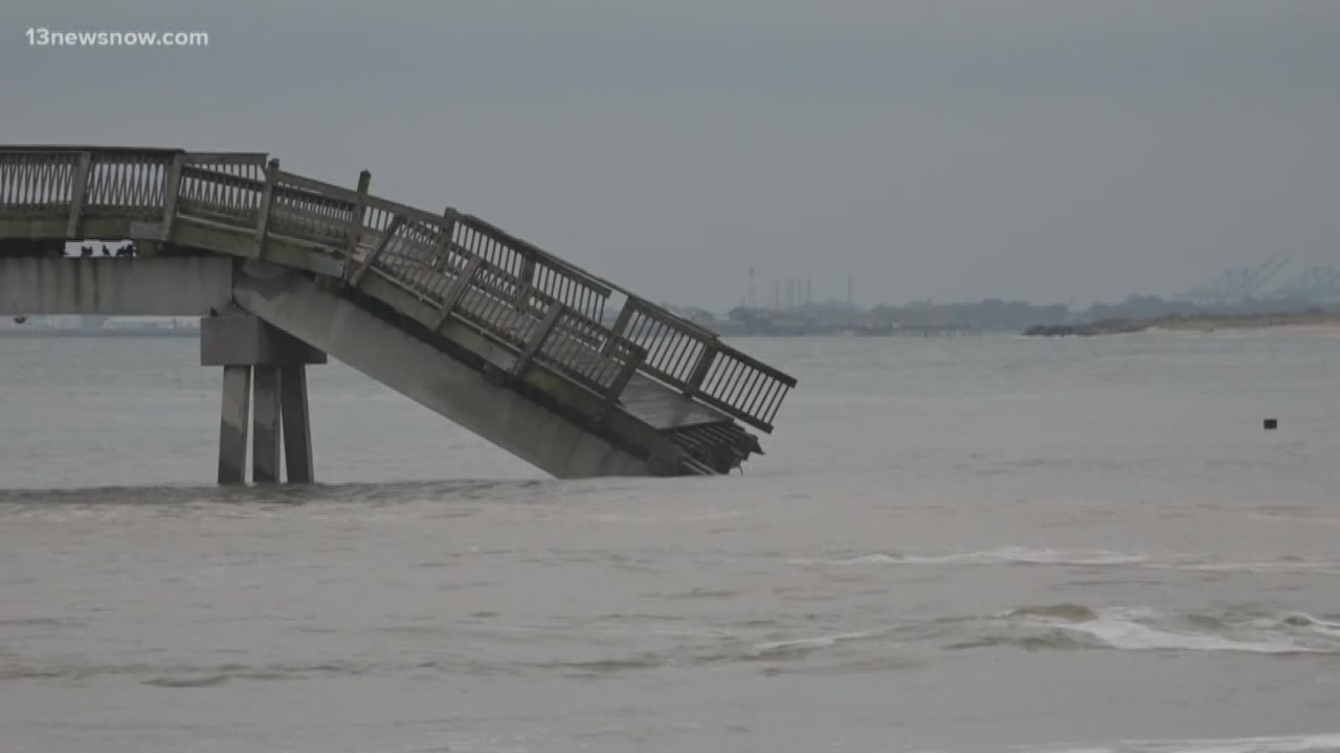 Part of the Buckroe Beach fishing pier collapsed after a construction barge crashed into it. Officials said winds from the nor'easter played a key role.