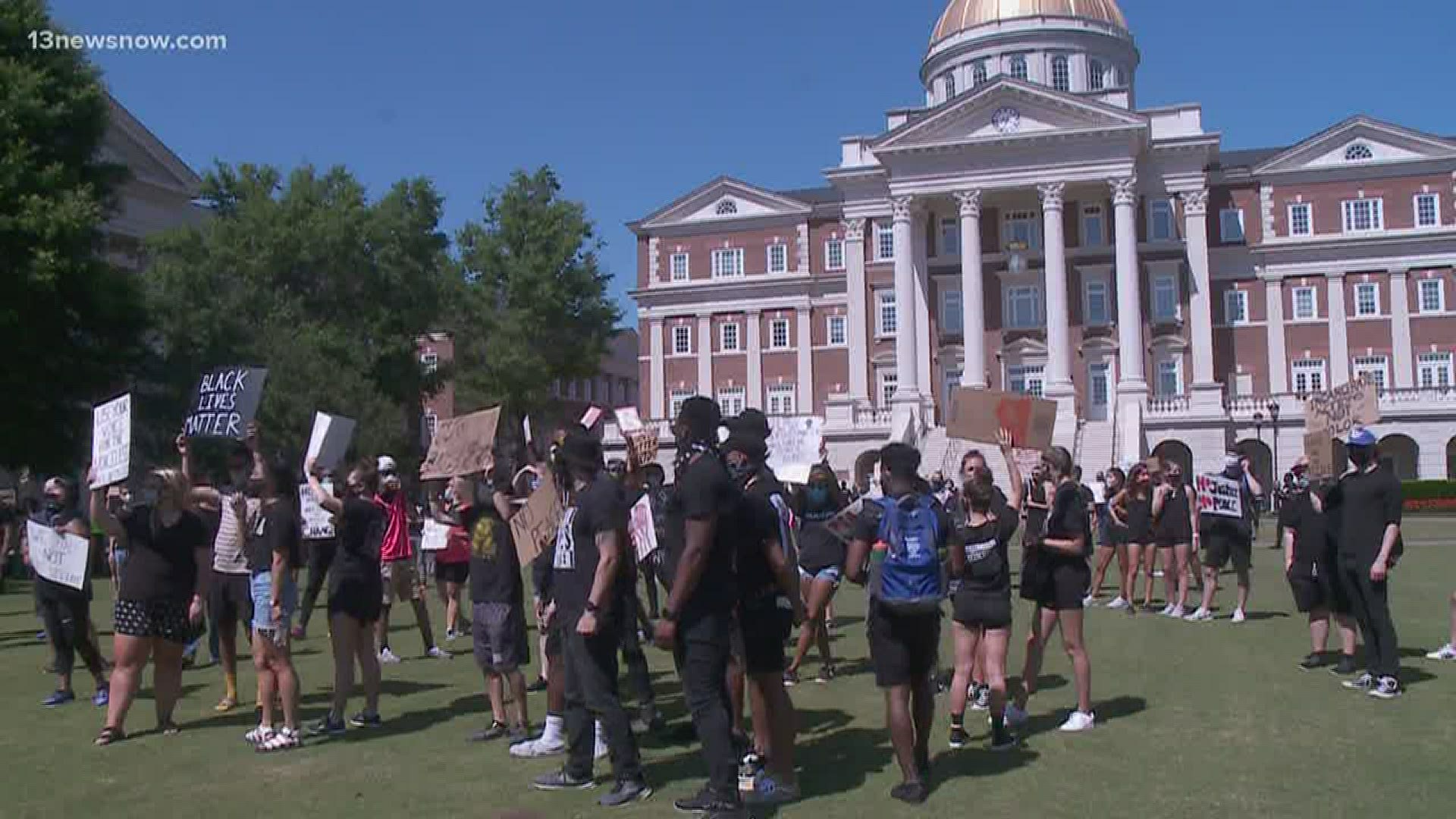 The students walked on campus and in demonstration laid on the ground for 8 minutes and 46 seconds.