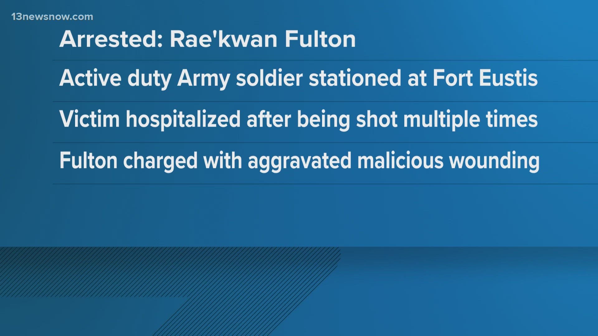 The active duty service member accused of shooting his spouse is an Army soldier stationed at Fort Eustis.