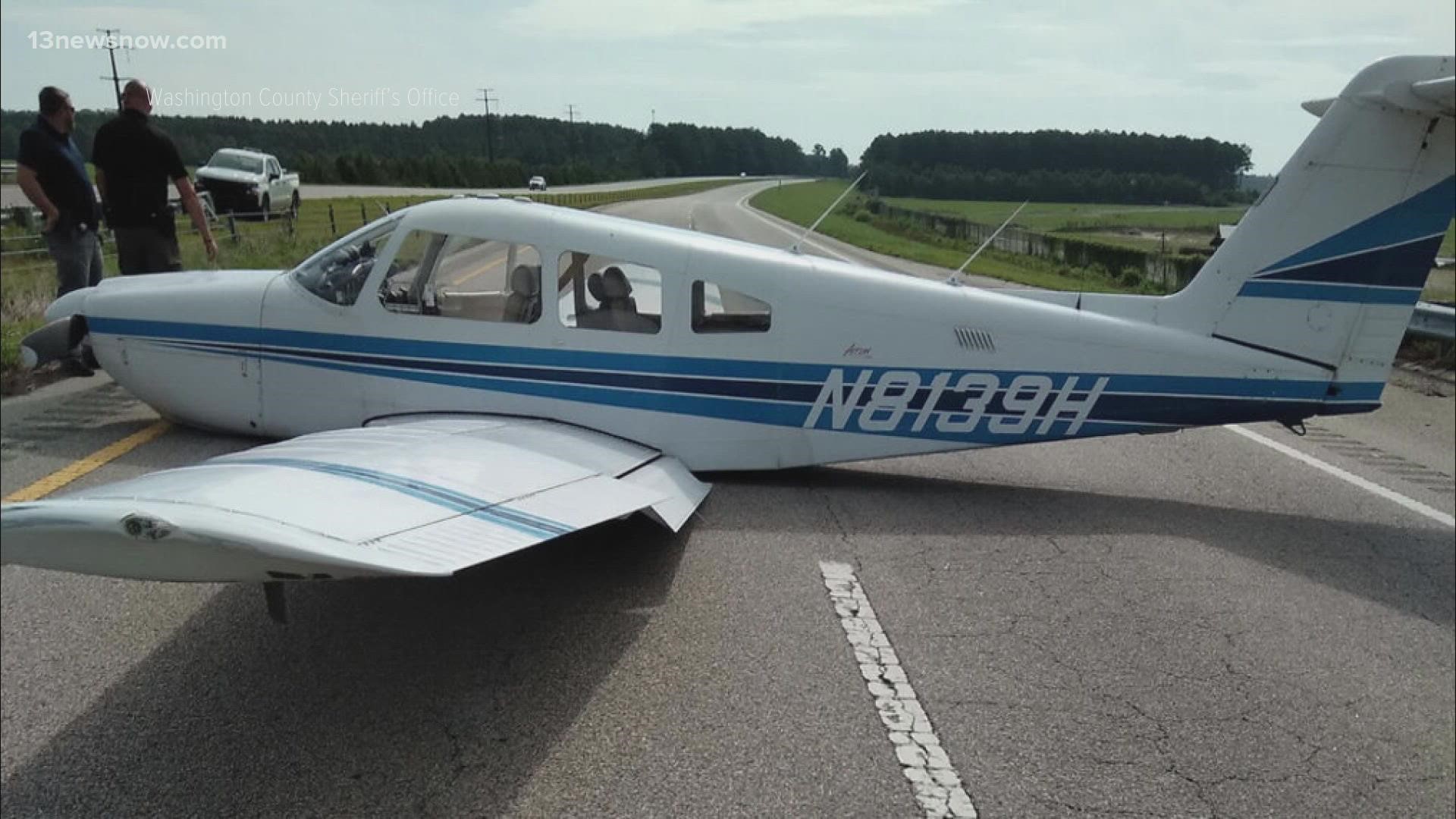 A pilot going from Dare County to Plymouth, N.C. experienced a loss of power and had to make a belly landing on Highway 64 near Creswell. The pilot was unhurt.
