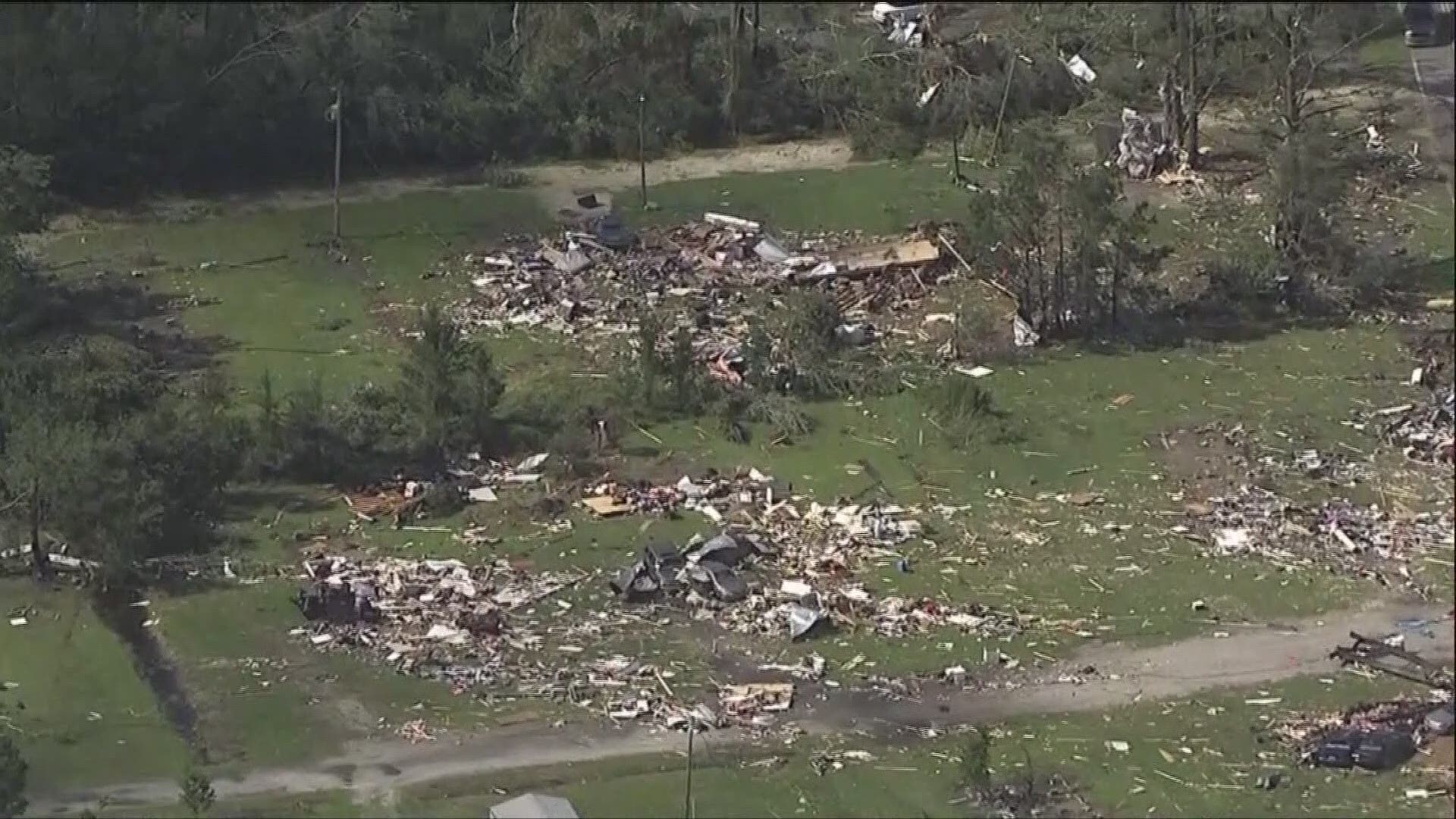 Aerial footage from Bertie County, North Carolina, where one person died. Crews are looking for three to four missing people after a trailer home park was destroyed.