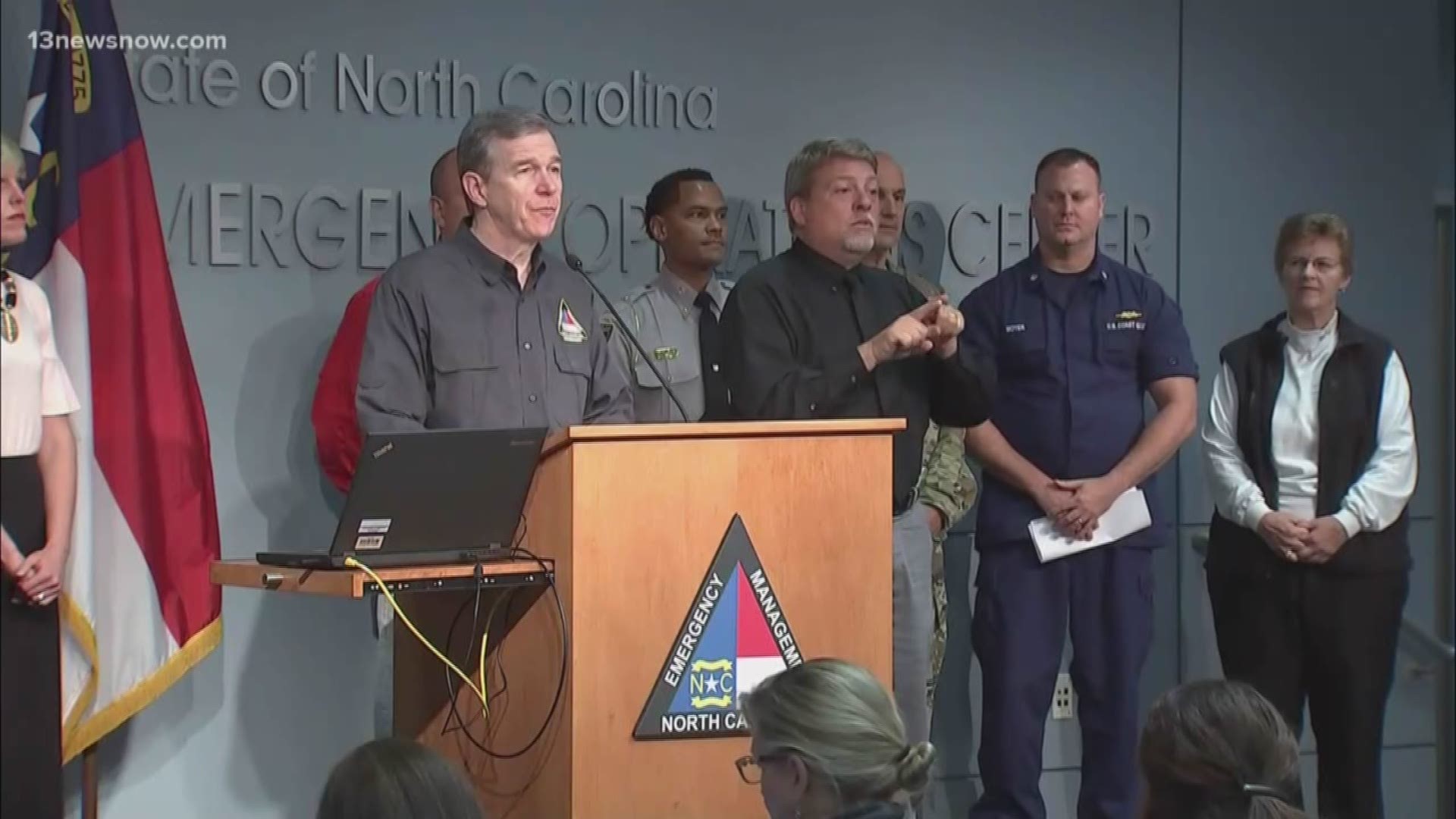 North Carolina Gov. Roy Cooper addresses the media from emergency management center. Dorian made landfall near Hatteras this morning.