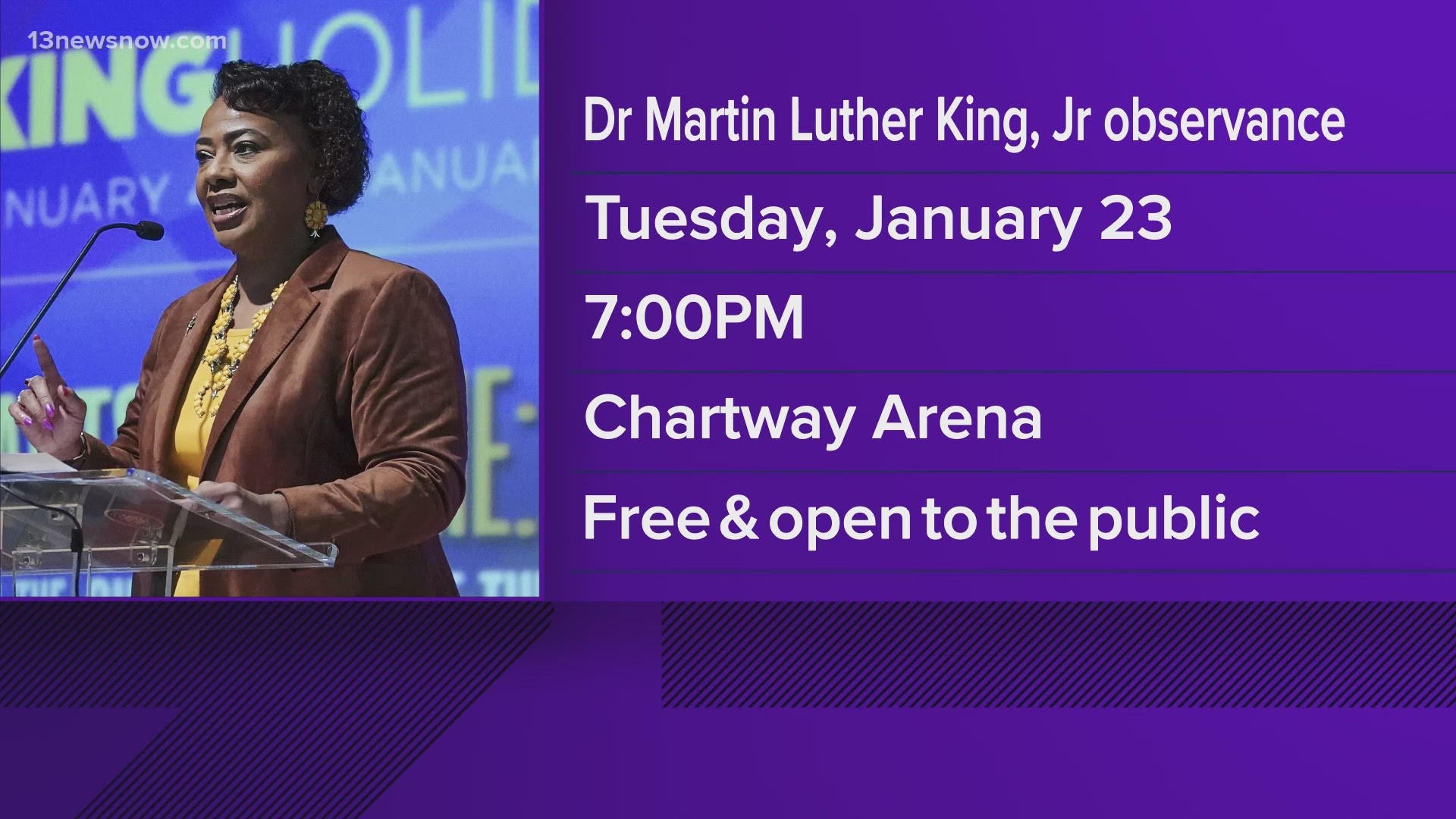 It's ODU's 39th Annual MLK Jr. Observance. The free, public event will be held at Chartway Arena on Jan. 23.