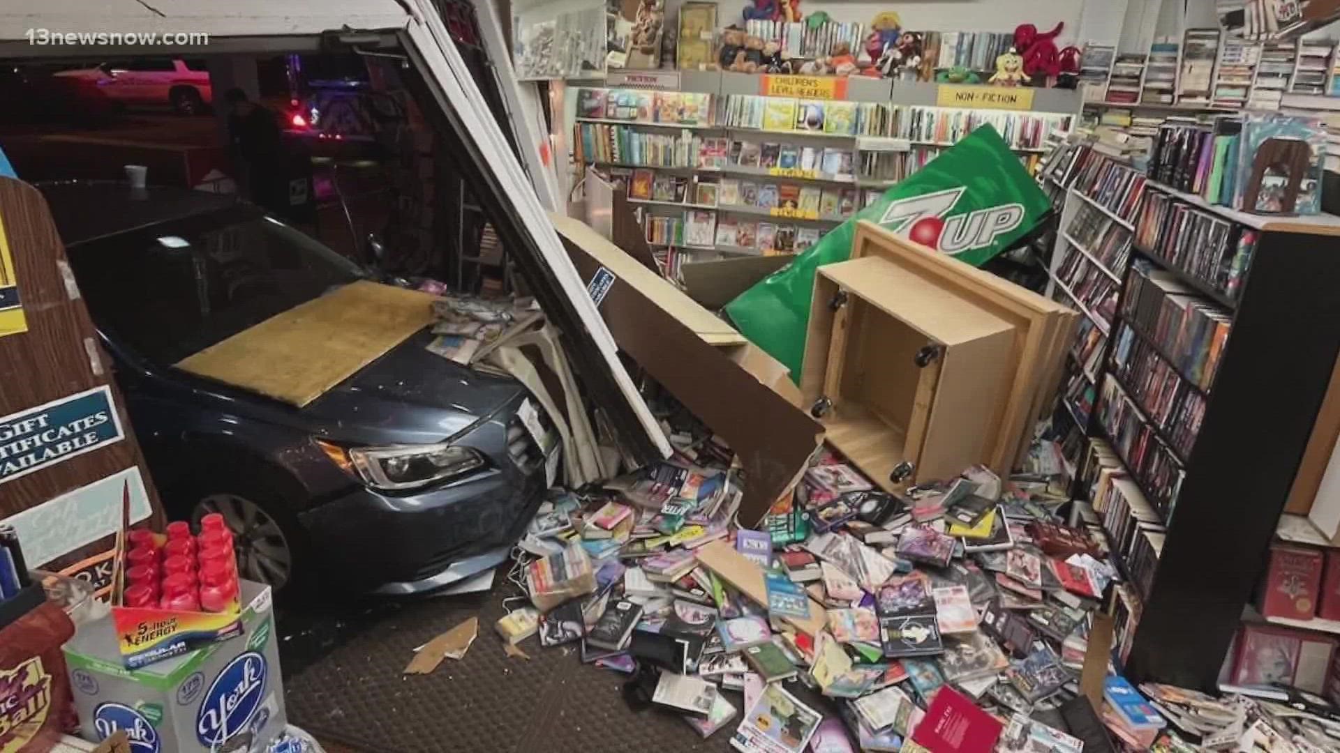 The crash injured two customers inside Smith Discount Books.