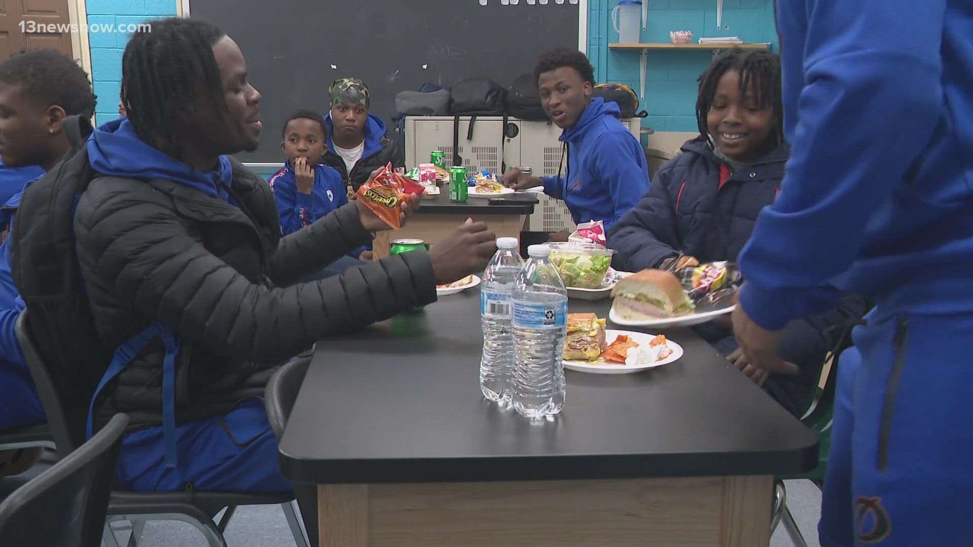 The reigning state champions had lunch with 5th graders at nearby John Smith Elementary School