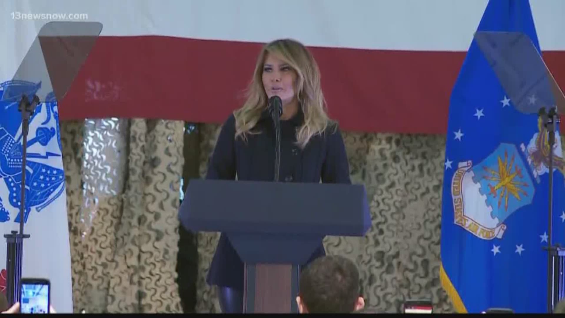 First Lady Melania Trump recognized service members, their families, and school children when she visited Langley Air Force Base.