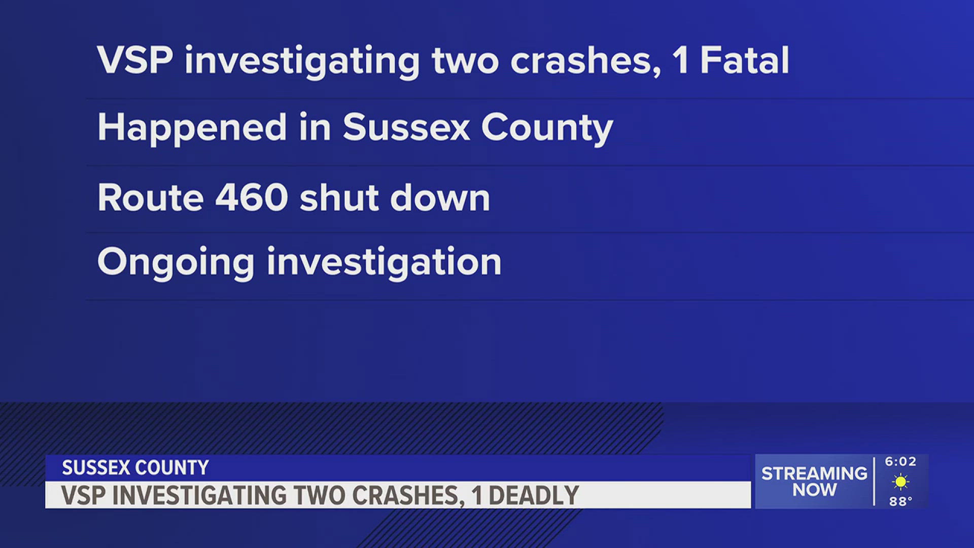 Virginia State Police are investigating two crashes, one of which is fatal, on Route 460 in Sussex County.