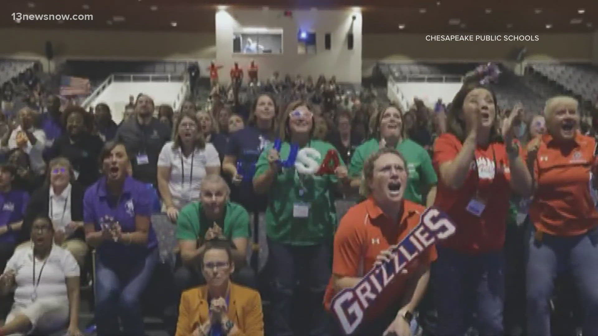 Chesapeake Schools posted a video on social media Thursday showing teachers and administrators cheering wildly while watching the Grassfield High grad compete.