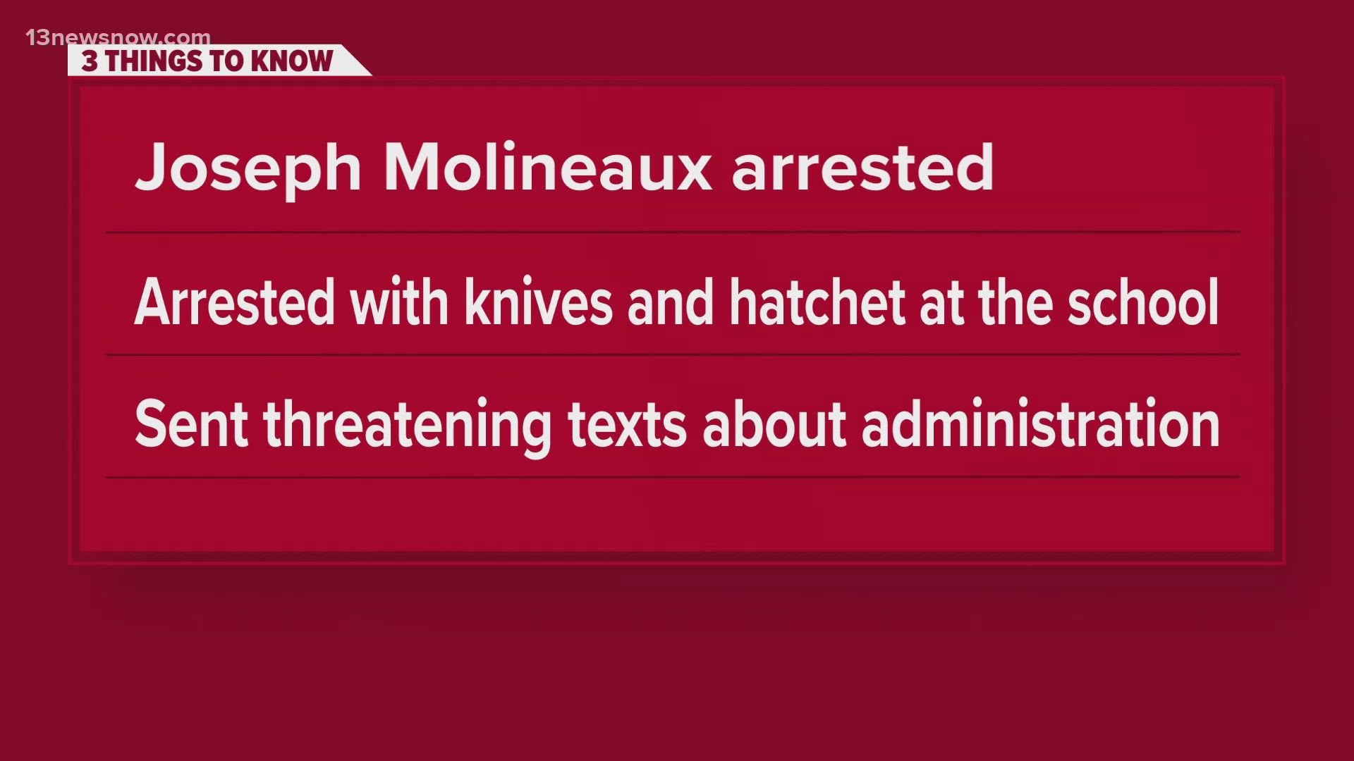 Court documents reveal that Joseph Molineaux, a retired Kempsville High School P.E. teacher, showed up to the school with knives and a hatchet on Friday.