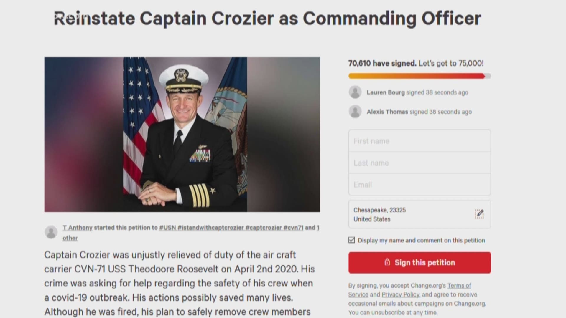 Captain Crozer was fired after his letter, asking for crew members of the USS Theodore Roosevelt to be let off the coronvairus-riddled ship, was leaked.