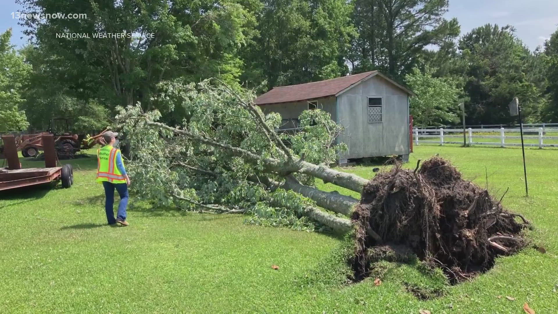 The tornado hit the ground in Wanchese Thursday evening. It lasted for about two minutes around 5:20 p.m., traveling 0.8 miles and reaching wind speeds of 80 mph.