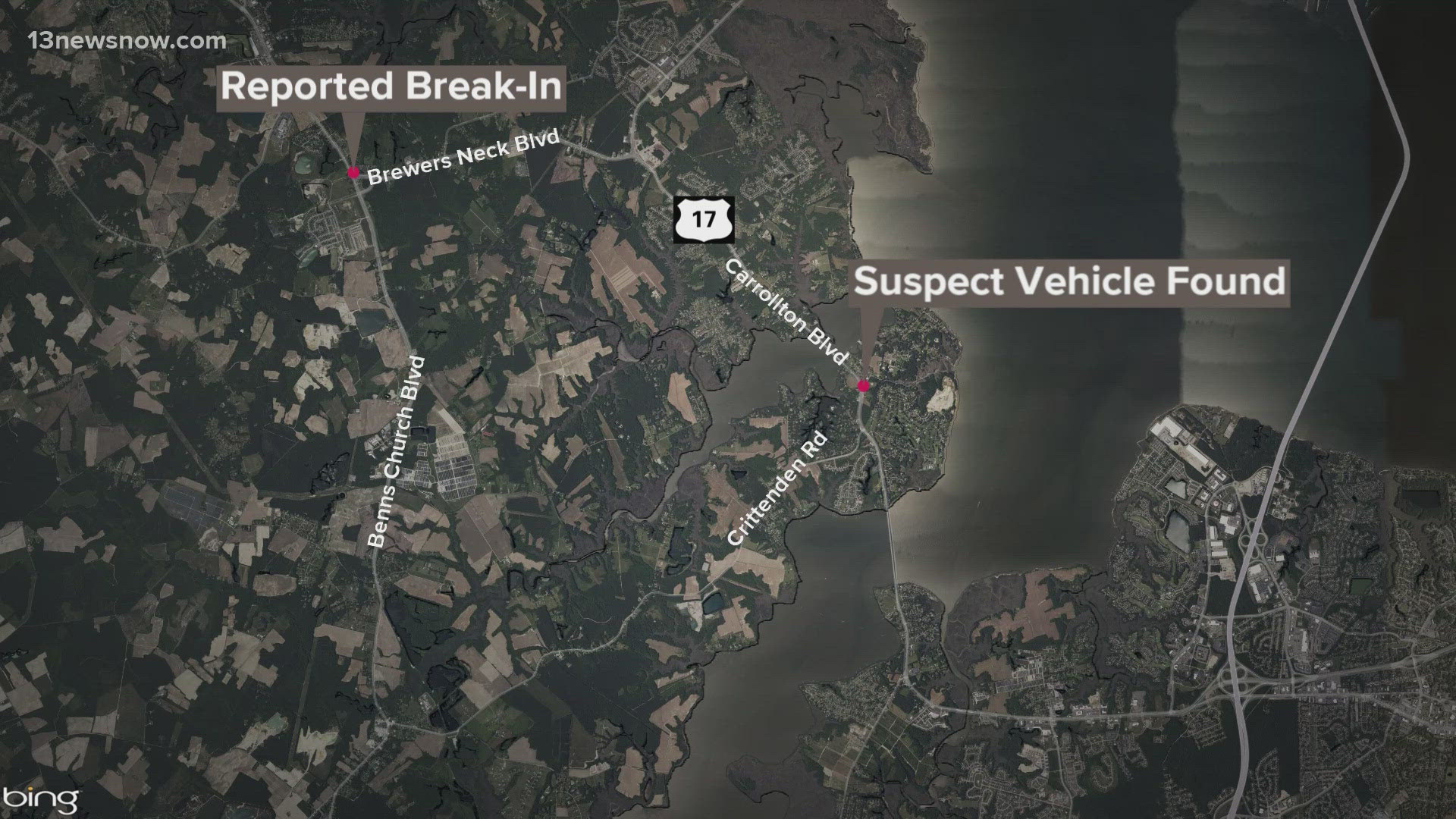 Two people were arrested after the suspect's car was found in Suffolk on Thursday.