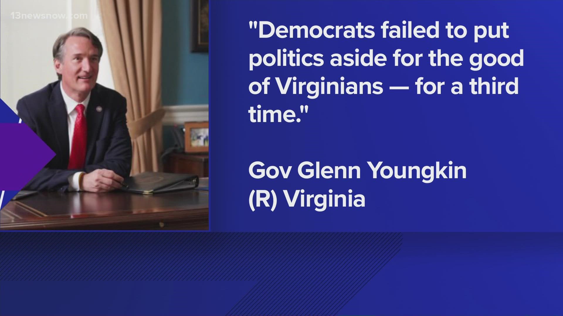 “Democrats failed to put politics aside for the good of Virginians — for a third time,” Youngkin tweeted after the amendment failed.