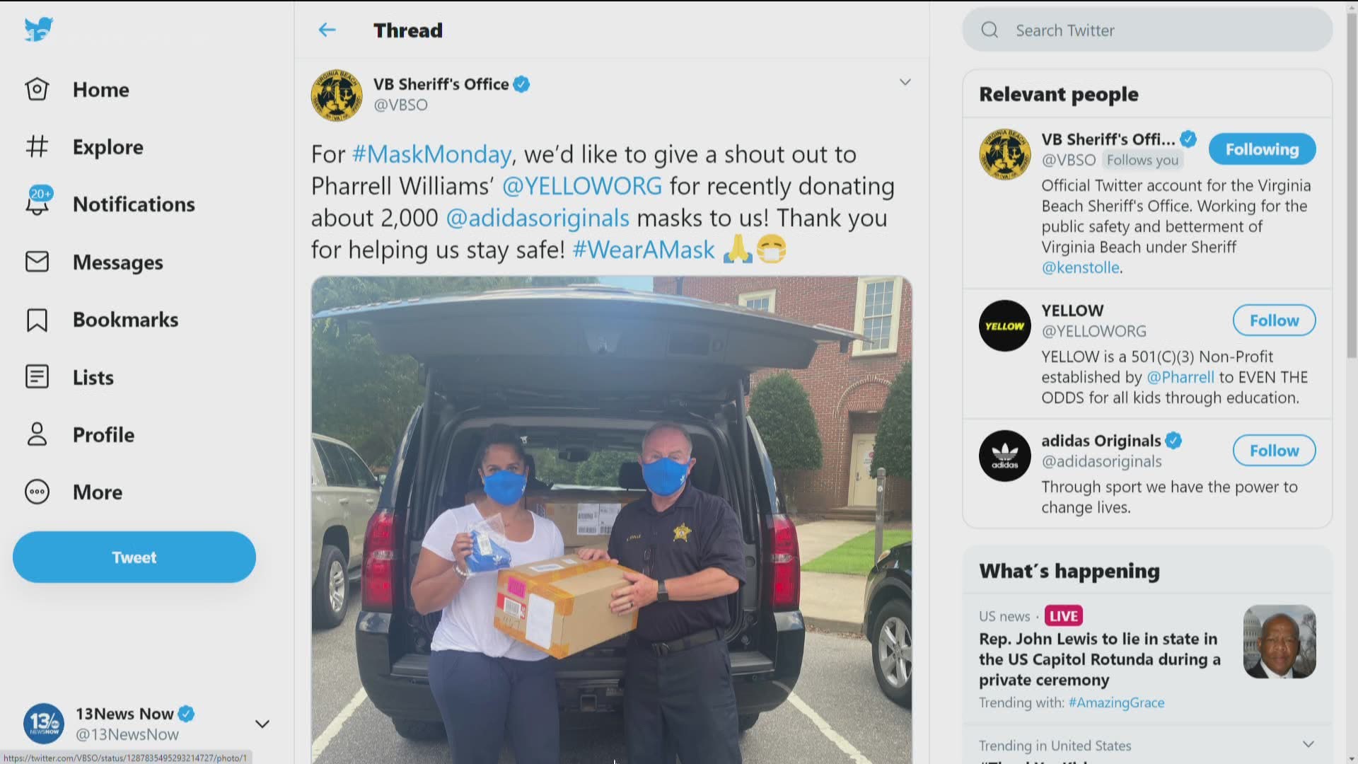 First, Pharrell supplied Sentara Healthcare with 8,000 face masks. In his second round of PPE donations, he gave 2,000 masks to the Virginia Beach Sheriff's Office.
