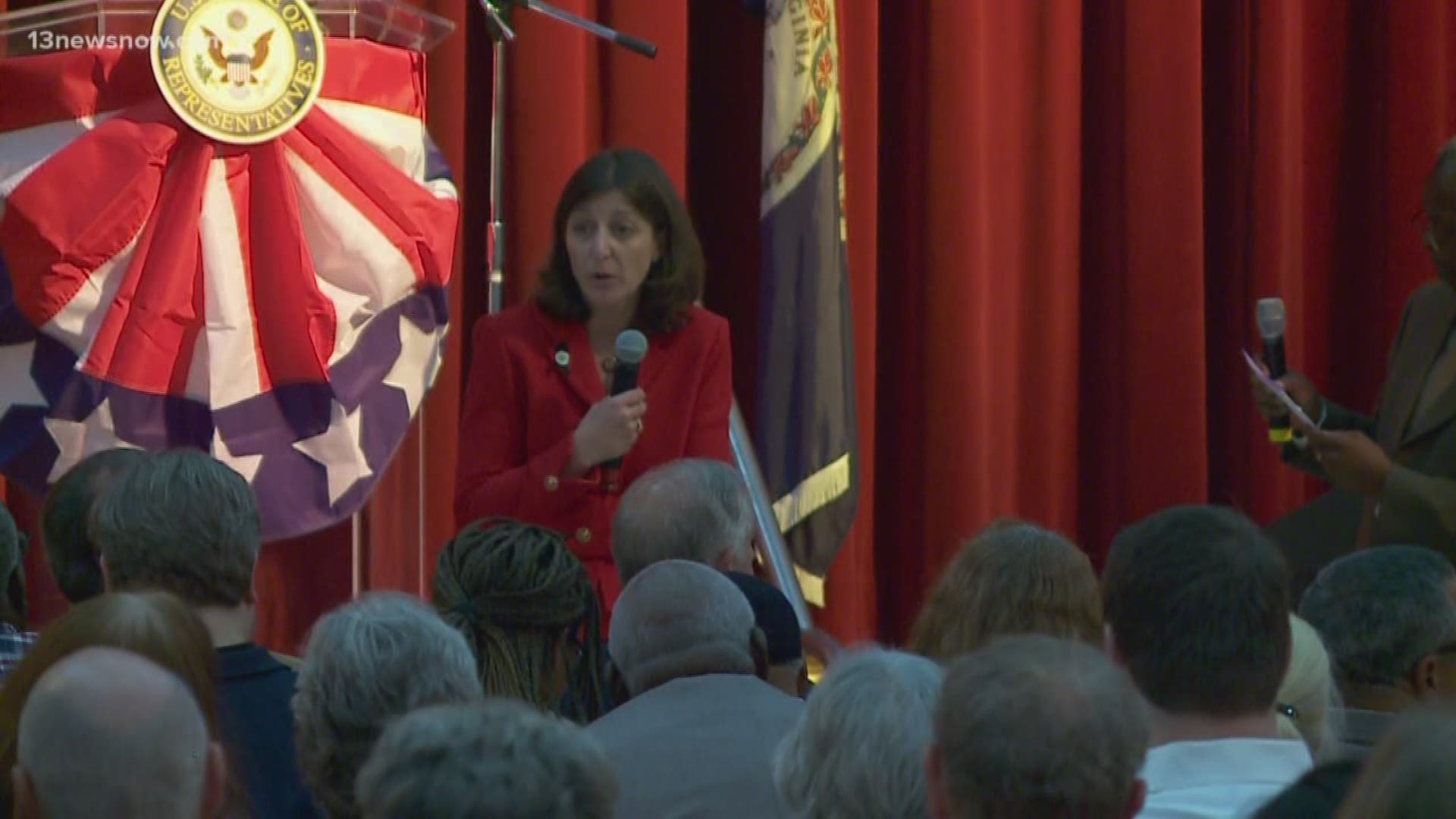Rep. Elaine Luria held a town hall explaining her stance on impeachment. At the same time, at the same place, the Trump campaign held an anti-impeachment event.