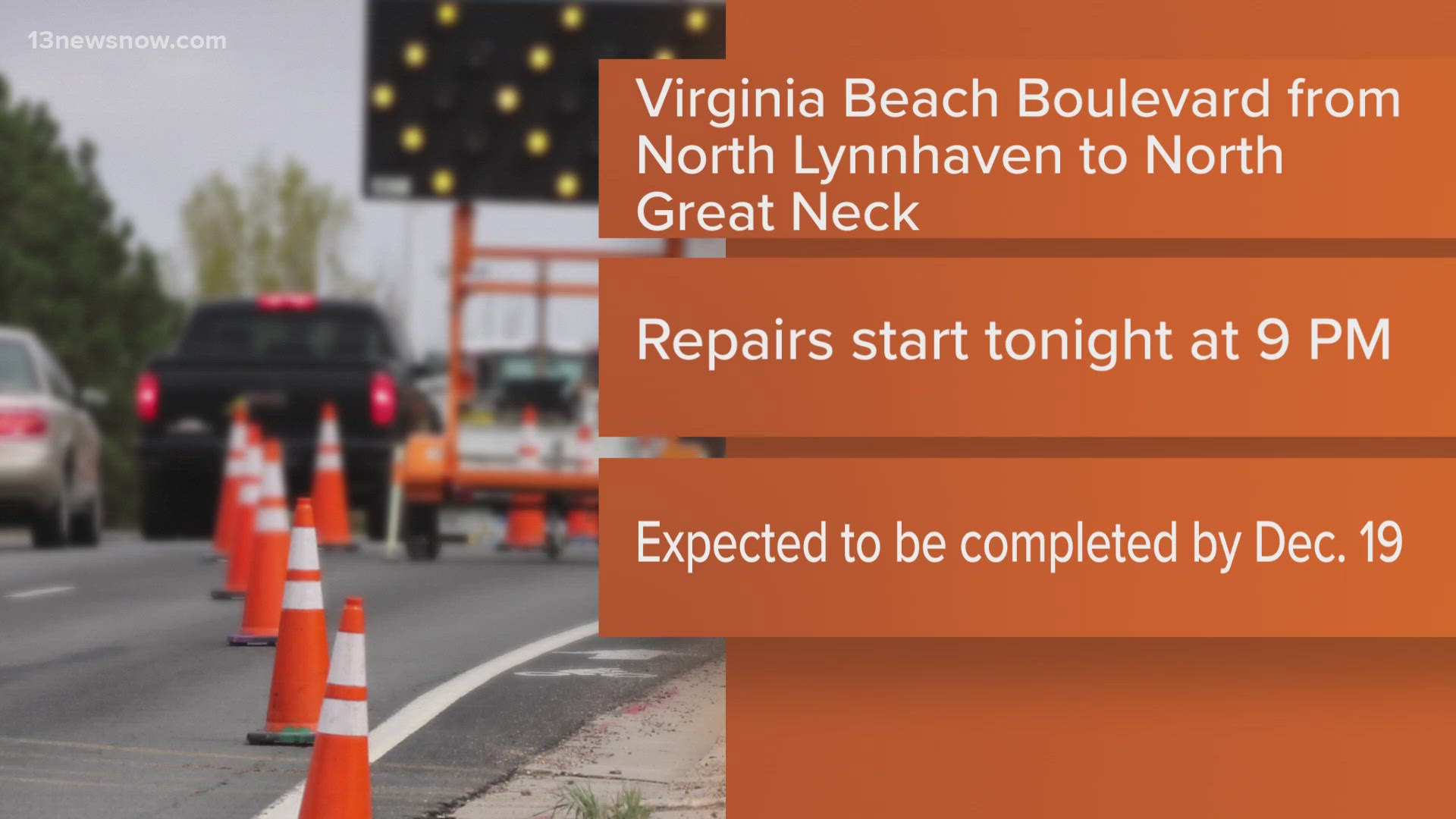 Roadway improvement work begins Sunday night on Virginia Beach Boulevard from North Lynnhaven Road to North Great Neck Road. The work will continue into December.