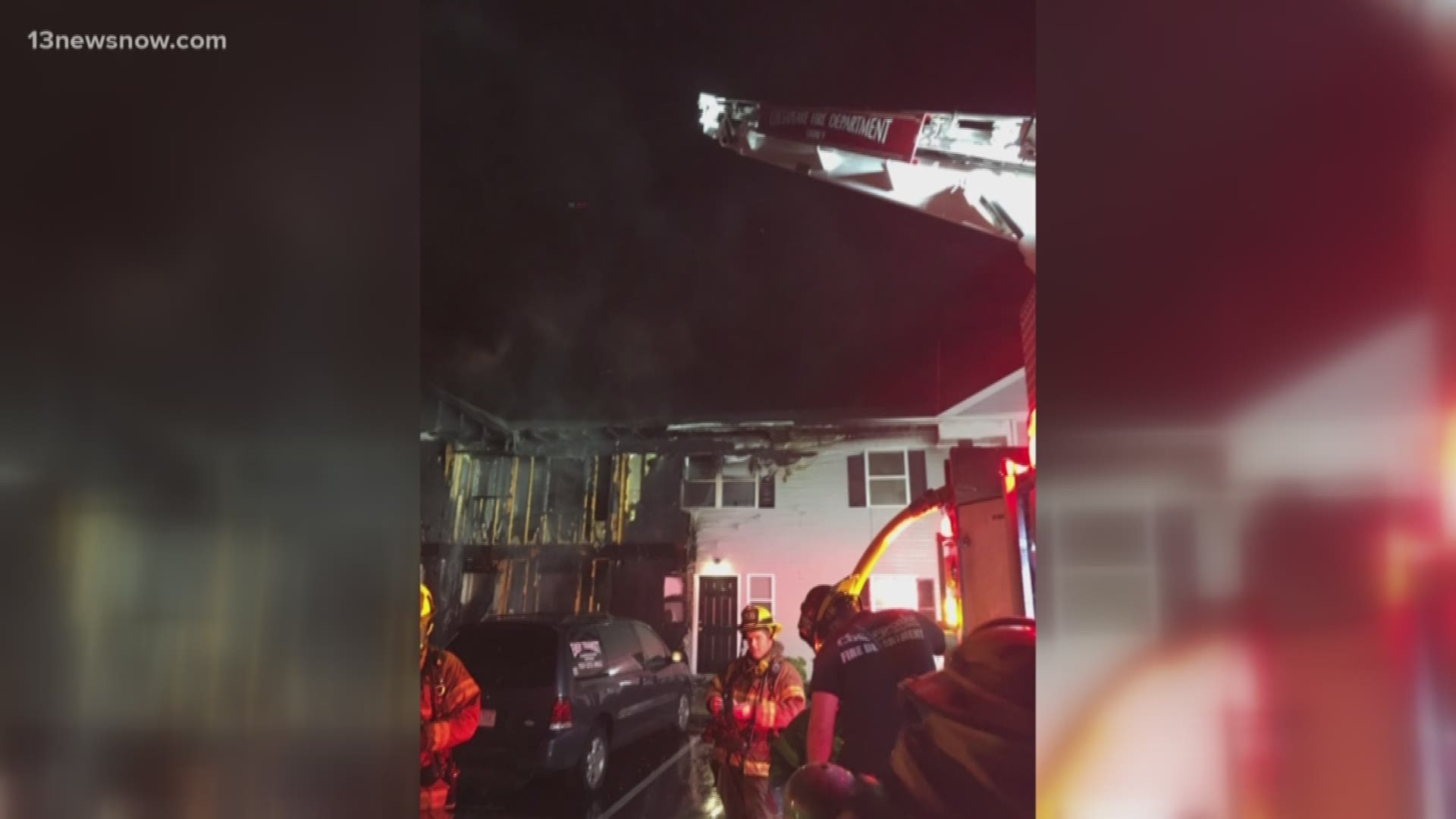 A fire in Chesapeake damaged five townhouses and displaced five adults and 10 children.