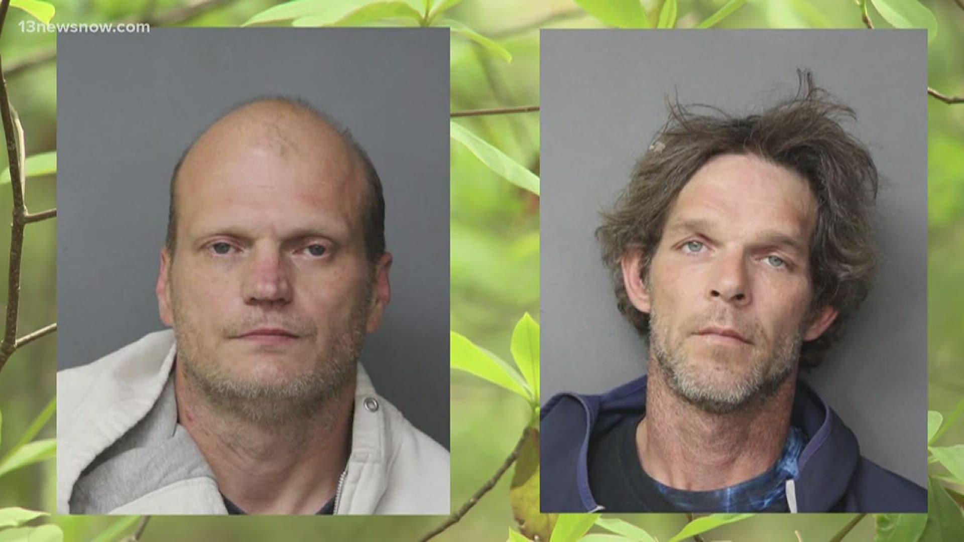 Kevin Dunn and Robert Carroll were charged after a body wrapped in plastic was found behind Tabb Library. The death is still under investigation.