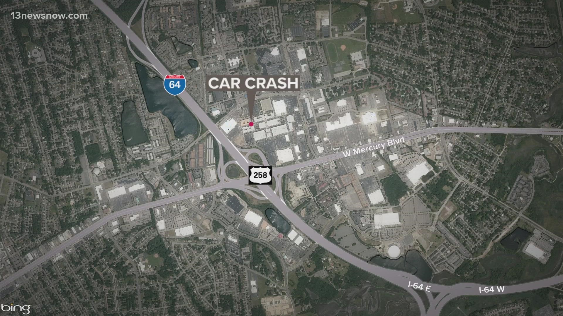 A woman died and a man was seriously hurt in a vehicle crash at the Peninsula Town Center, the Hampton Police Division said.