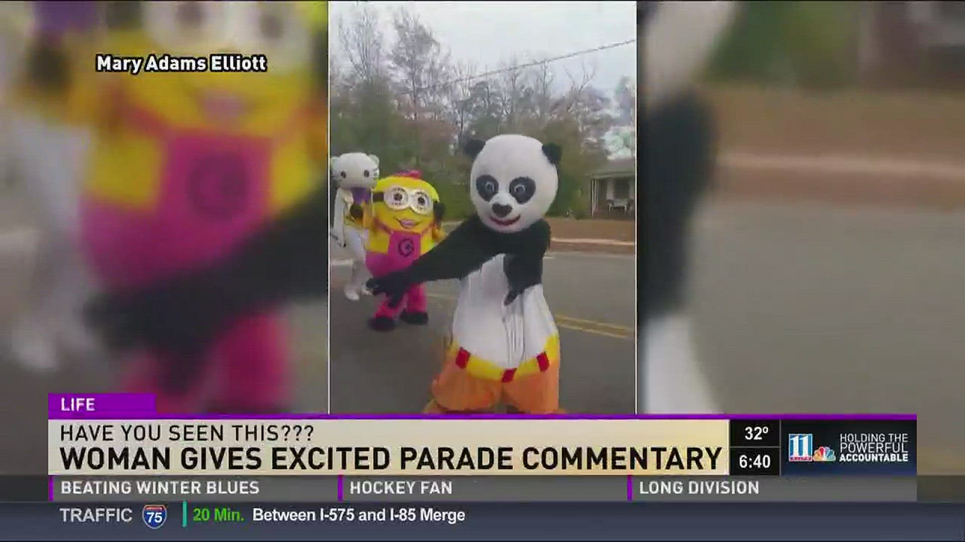 Woman gives excited parade commentary as panda breaks it down.