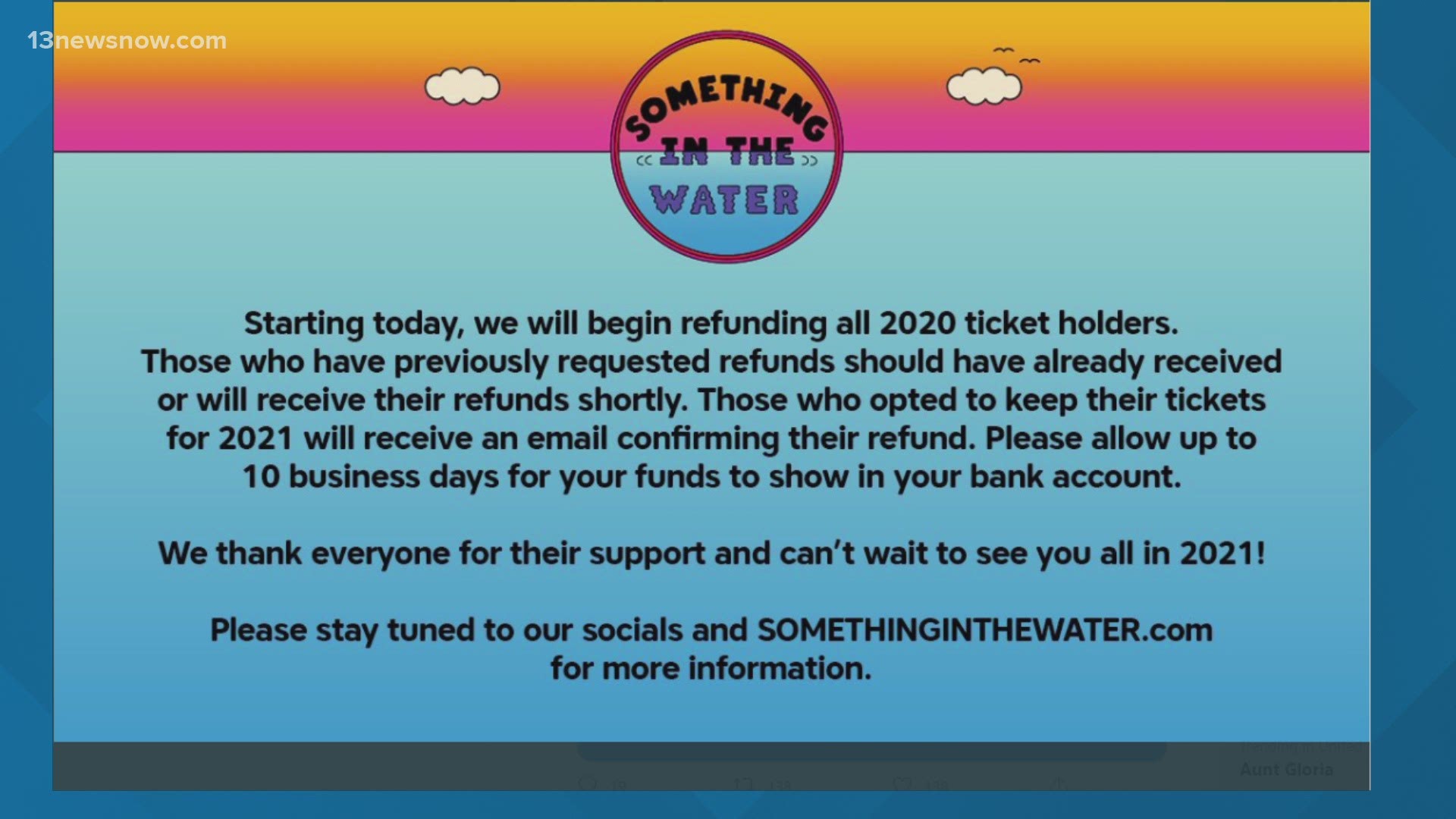 People with the festival said they'd refund money to anyone who planned to use a 2020 ticket in 2021. The event was canceled because of the coronavirus pandemic.