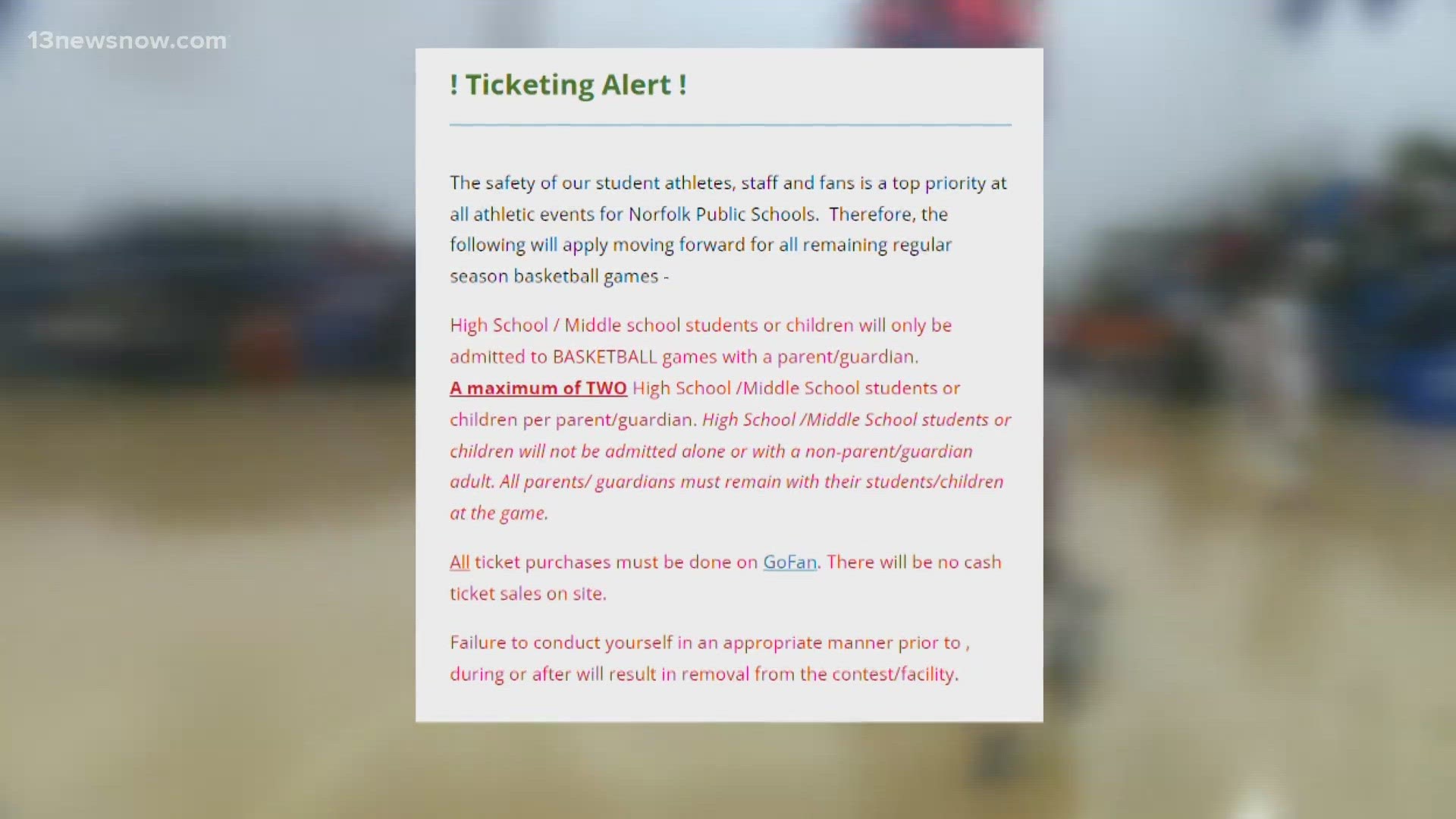 The rule says all middle and high school students must be accompanied by a parent at basketball games, moving forward.