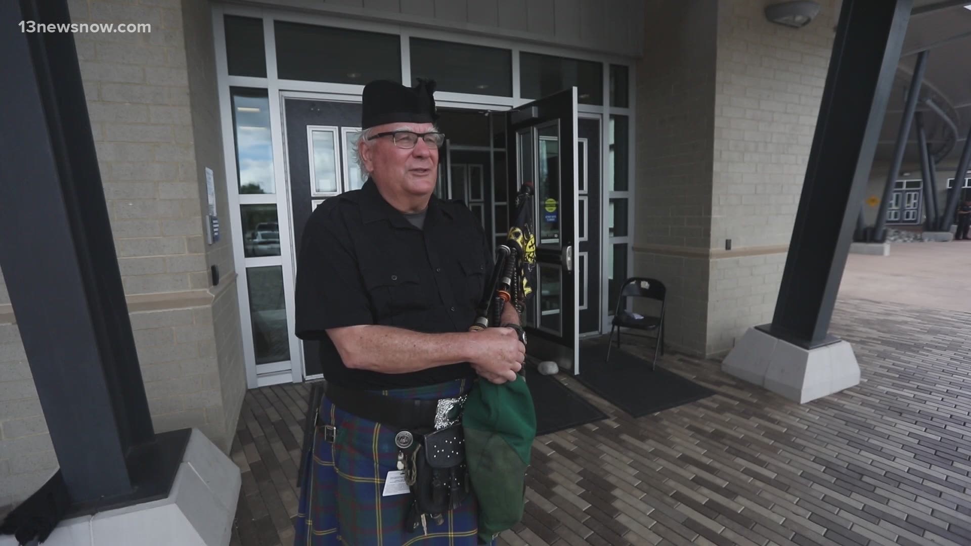 13News Now Photojournalist captured the creative way one Virginia Beach teacher celebrates high school graduates every year -- with the sound of bagpipes.