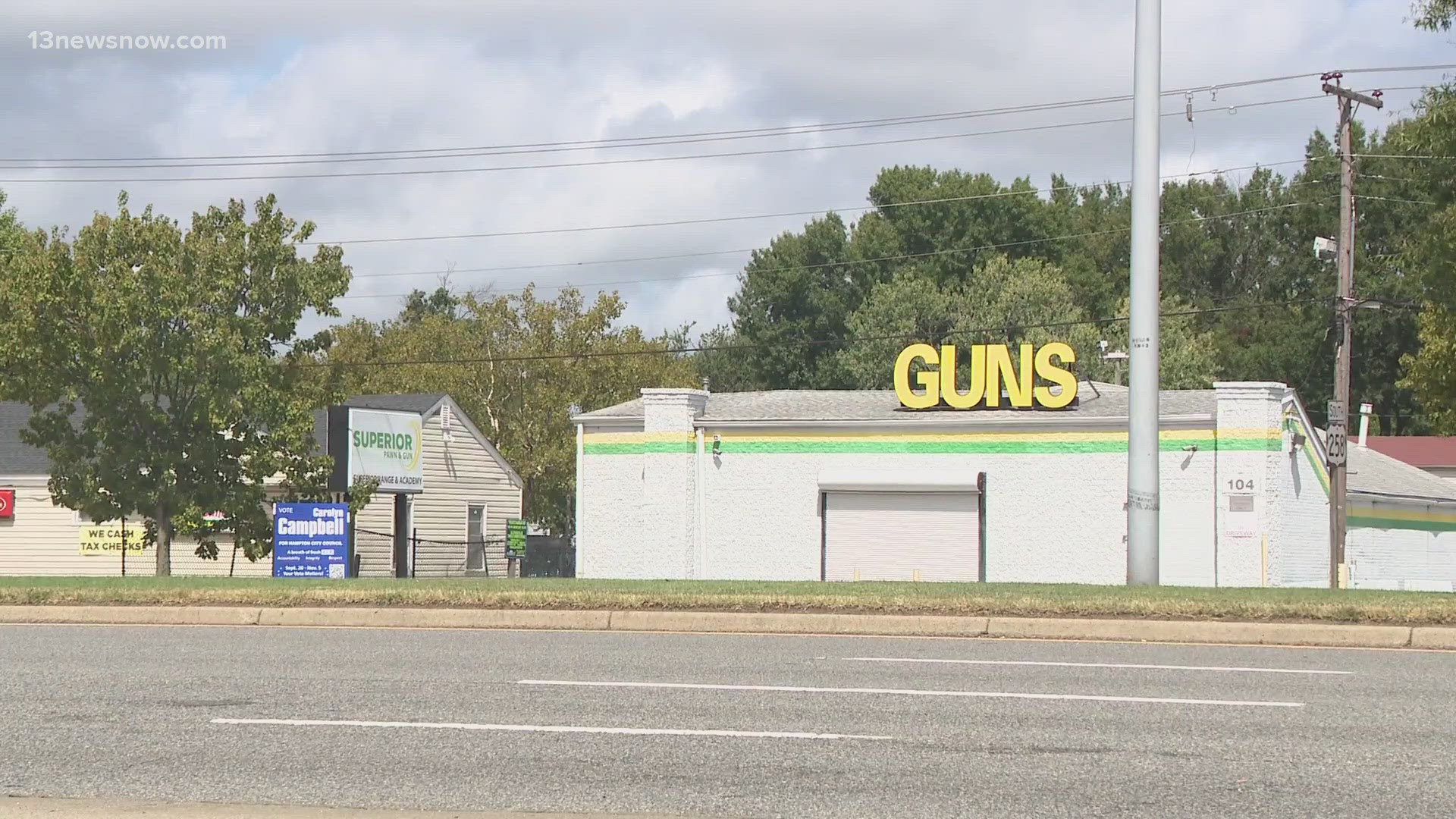 The police perimeter outside the Hampton gun shop stopped traffic on Mercury Boulevard for more than seven hours.