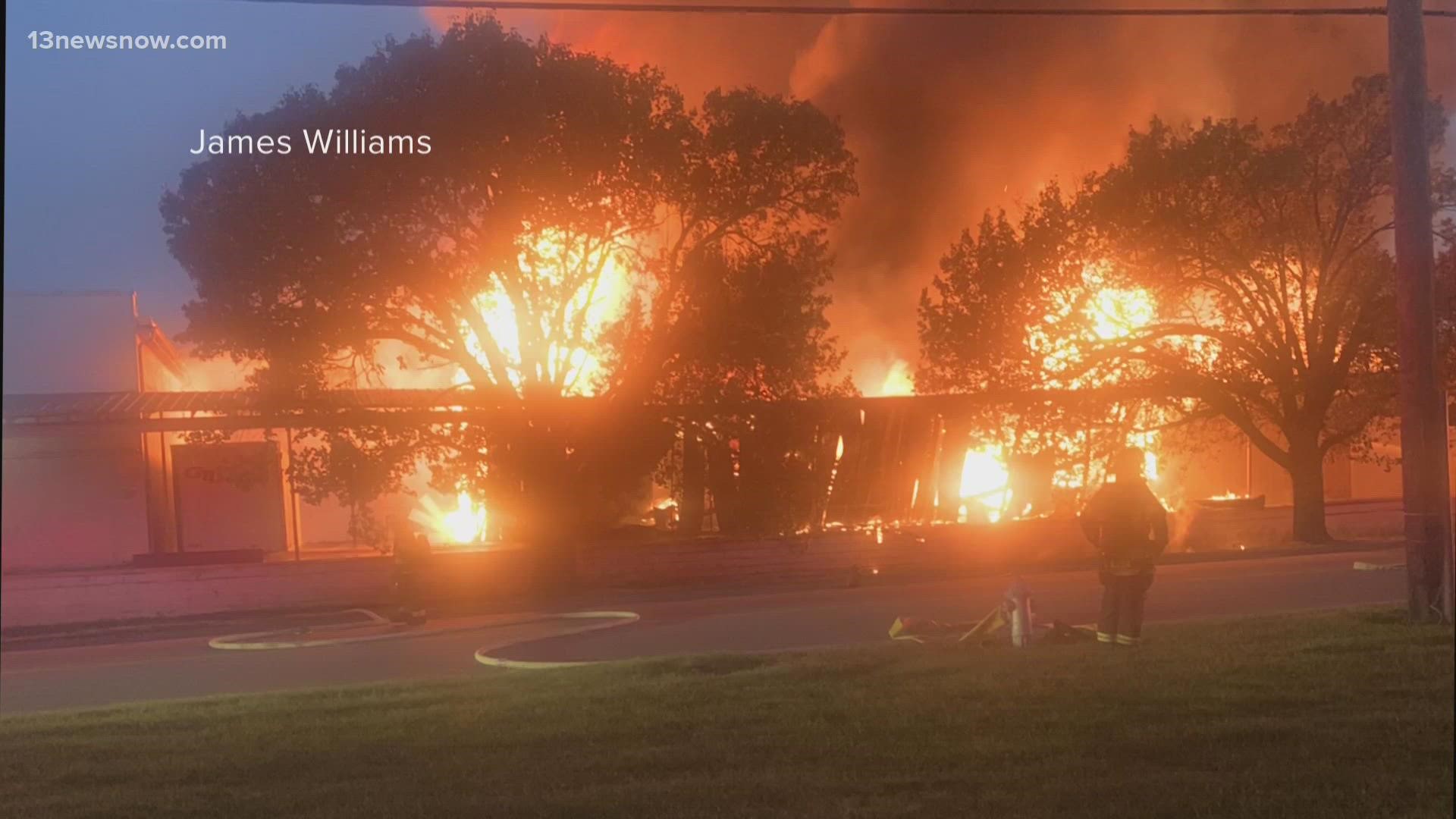 When firefighters arrived, they found the central warehouse building fully involved in fire. Two other warehouse buildings on both sides were also catching fire.