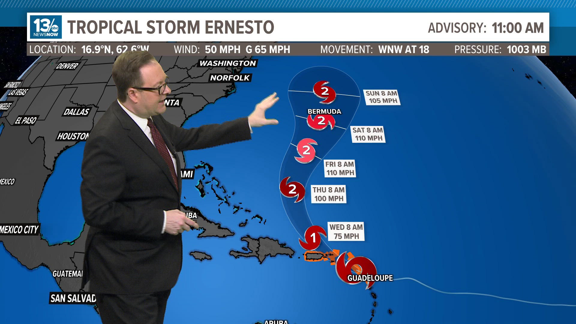 Ernesto strengthened into a tropical storm by Tuesday and is projected to develop into a hurricane over the next 24 hours.