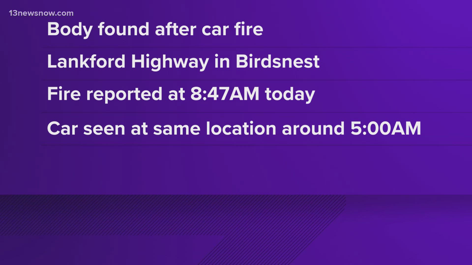 Virginia State Police investigate a death on the Eastern Shore after a car caught fire and a body was found inside on Lankford highway.